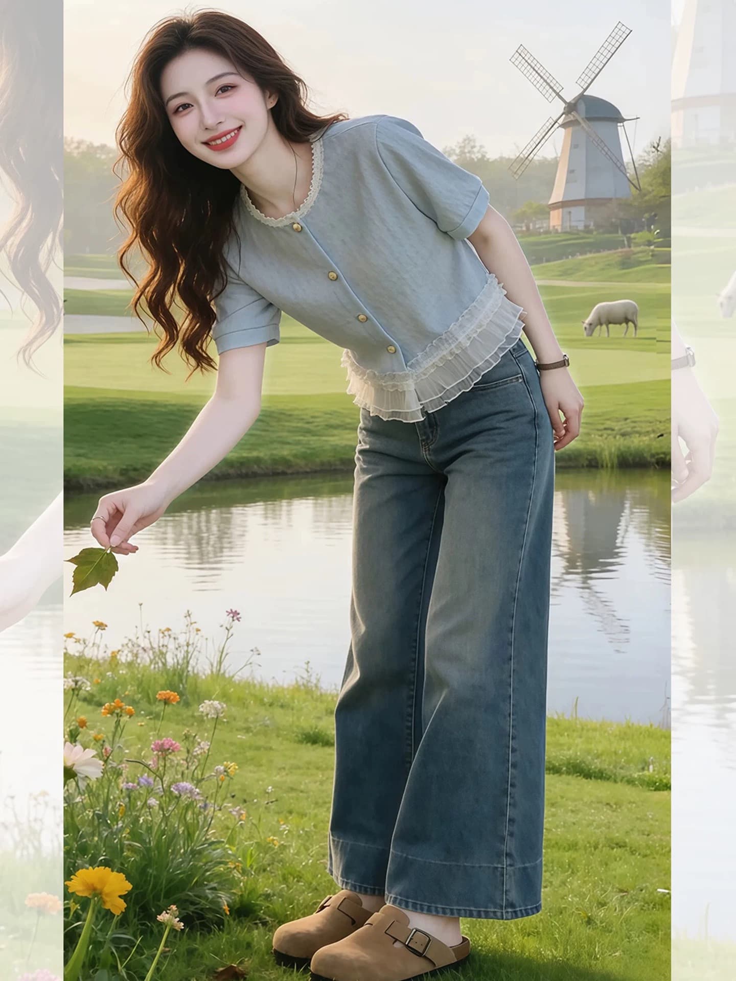 파란색 라운드 넥 프릴 패치워크 단추 반팔 티셔츠 여성 여름 고유 한 작은 대중 슈퍼 화재 연령 감소 맨위 이미지 2