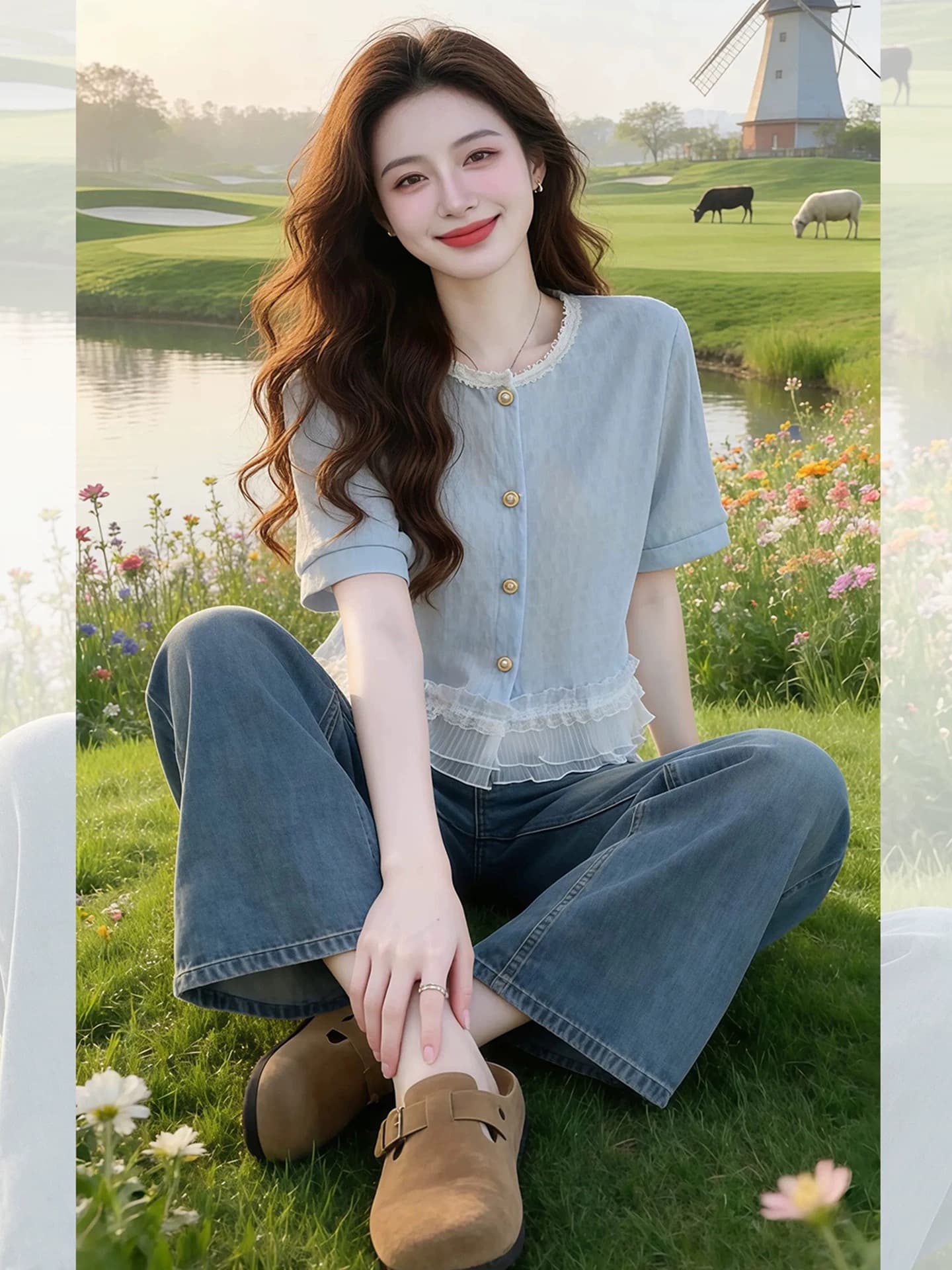 파란색 라운드 넥 프릴 패치워크 단추 반팔 티셔츠 여성 여름 고유 한 작은 대중 슈퍼 화재 연령 감소 맨위 이미지 3
