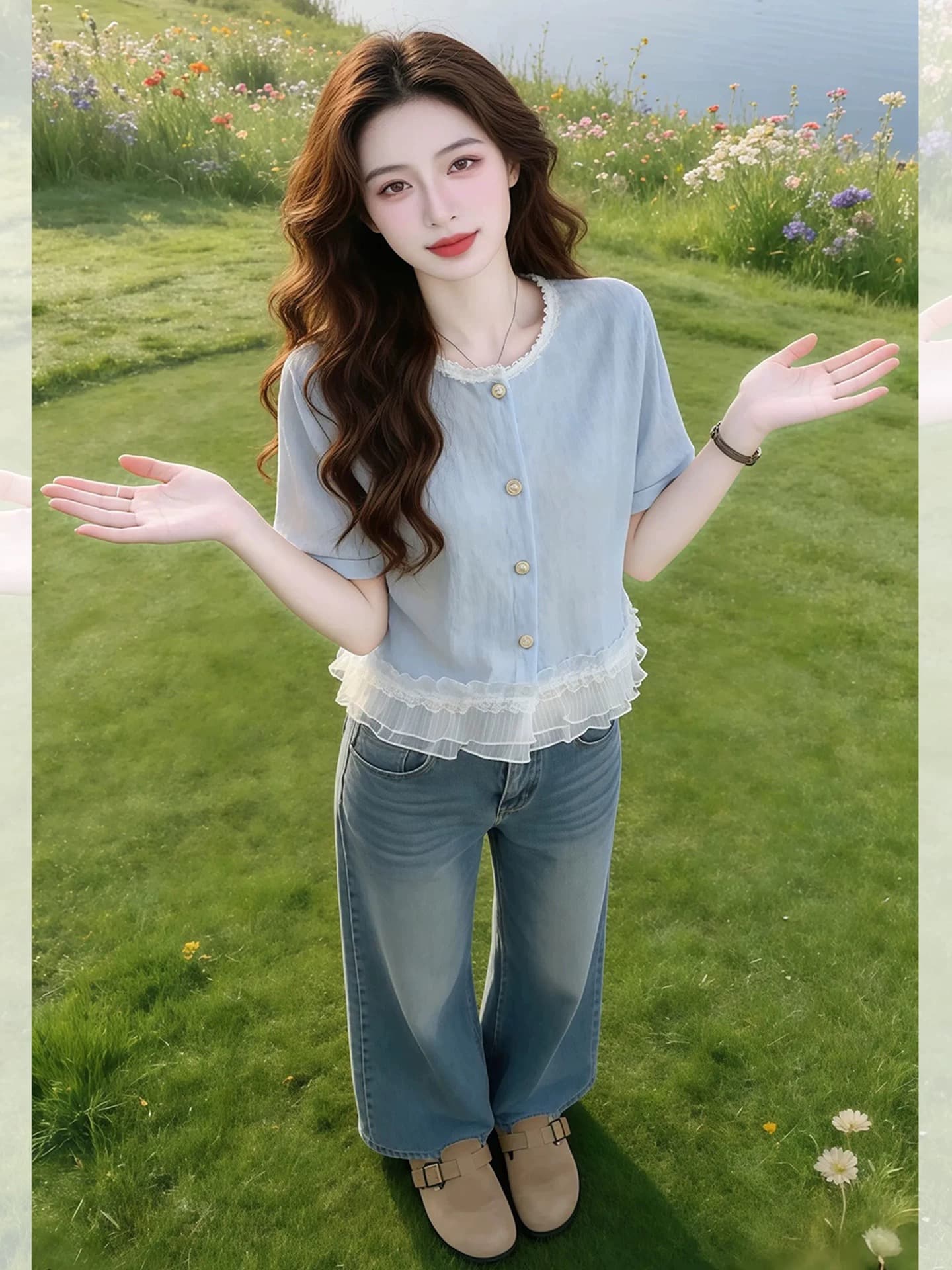 파란색 라운드 넥 프릴 패치워크 단추 반팔 티셔츠 여성 여름 고유 한 작은 대중 슈퍼 화재 연령 감소 맨위 이미지 4