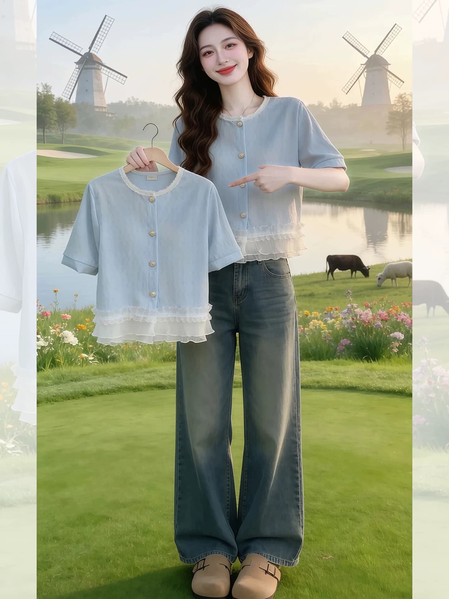 파란색 라운드 넥 프릴 패치워크 단추 반팔 티셔츠 여성 여름 고유 한 작은 대중 슈퍼 화재 연령 감소 맨위 상세 이미지 2