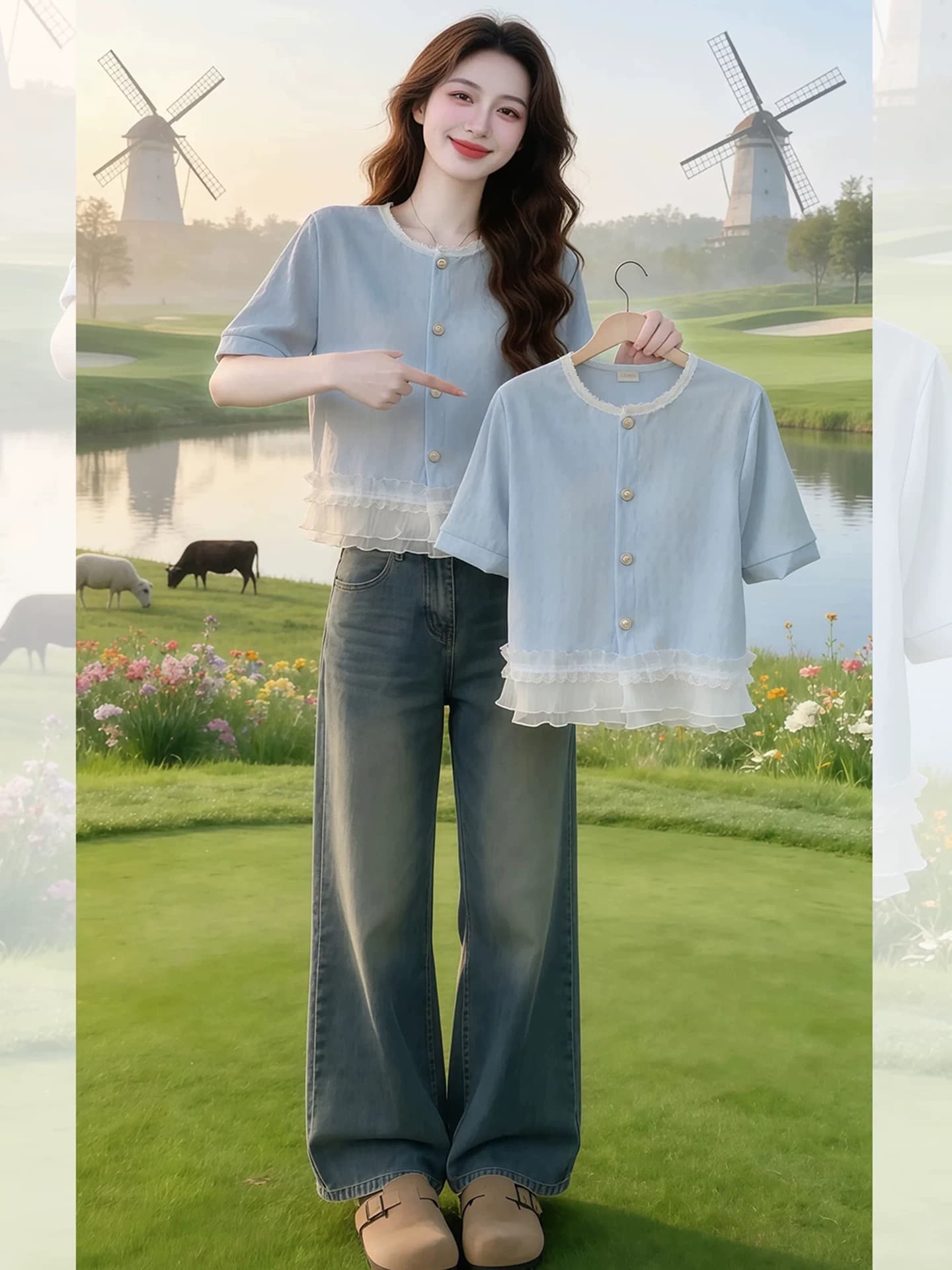 파란색 라운드 넥 프릴 패치워크 단추 반팔 티셔츠 여성 여름 고유 한 작은 대중 슈퍼 화재 연령 감소 맨위 상세 이미지 6