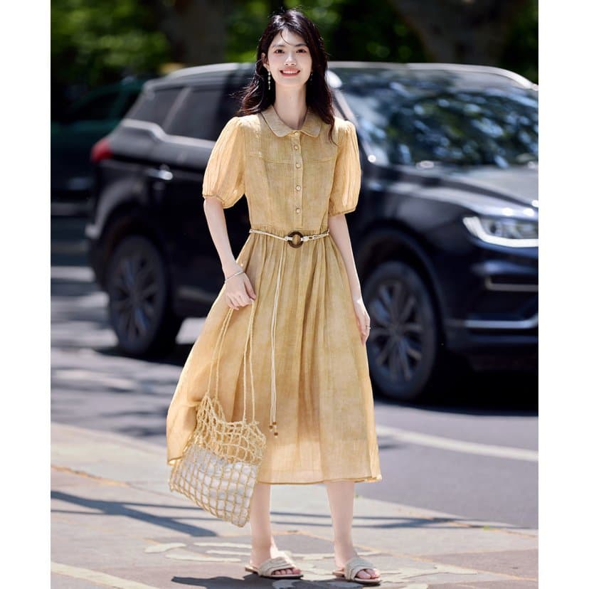 패션 우아함 마 오래된 공예 플리츠 셔츠 드레스 여름 질감 센스 벨트 포함 드레스