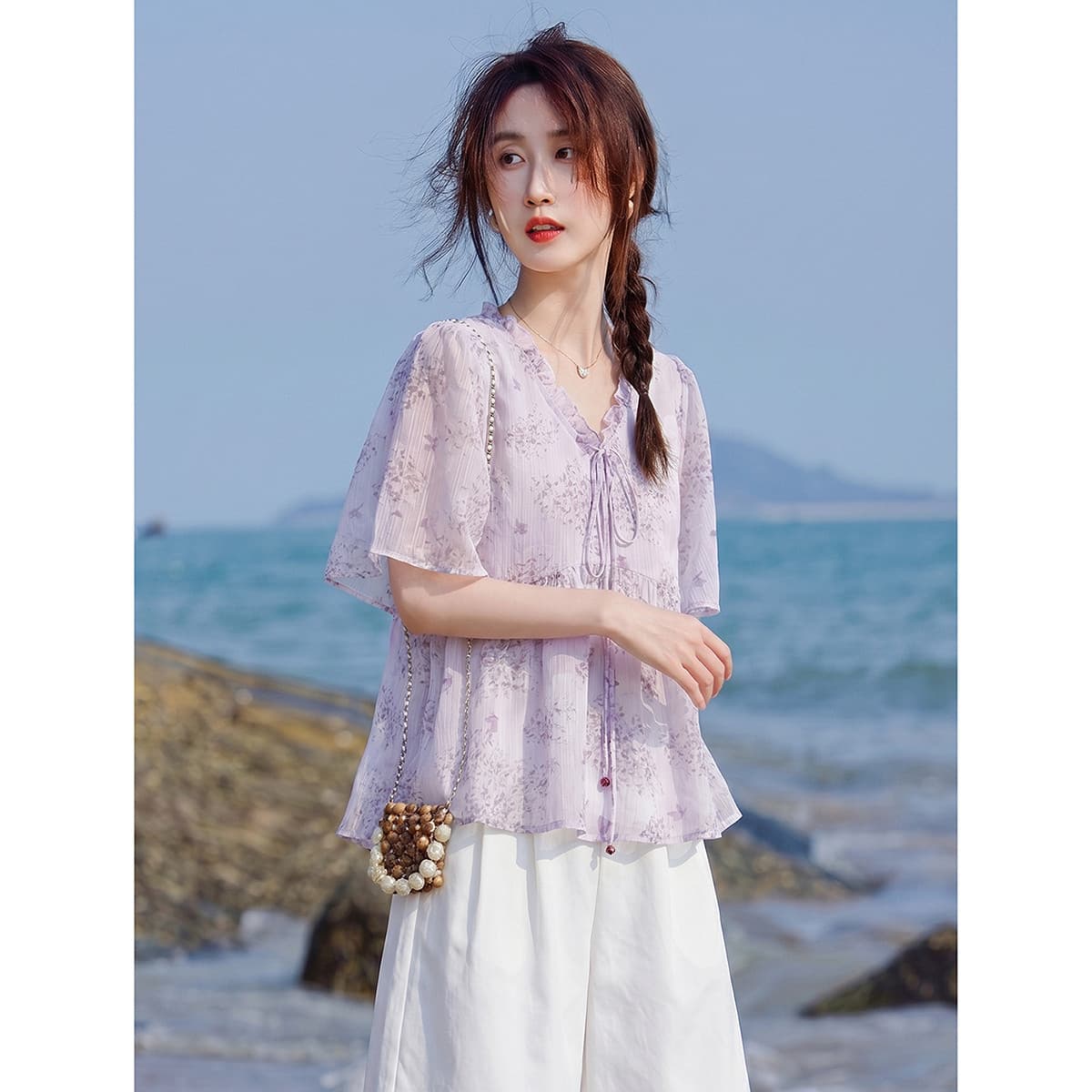 프랑스식 외국 가스 레이스업 디자인 센스 맨위 26 여름 연령 감소 레이스 꽃무늬 반팔 셔츠 이미지 4