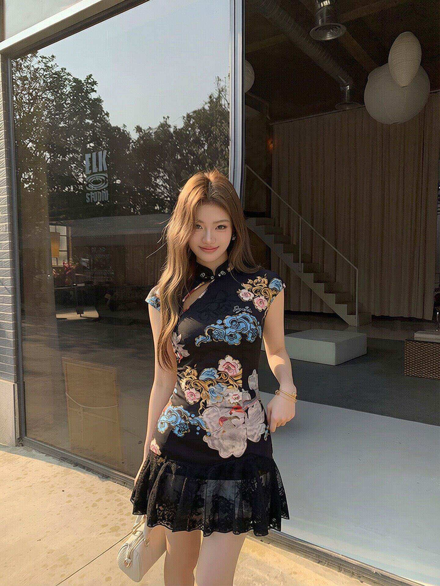 jyosei 캐릭터 공물 클래식 무거운 작업 새로운 중식 핫걸 치파오 레이스 치마 홀로우 아웃 스트랩 여성 드레스