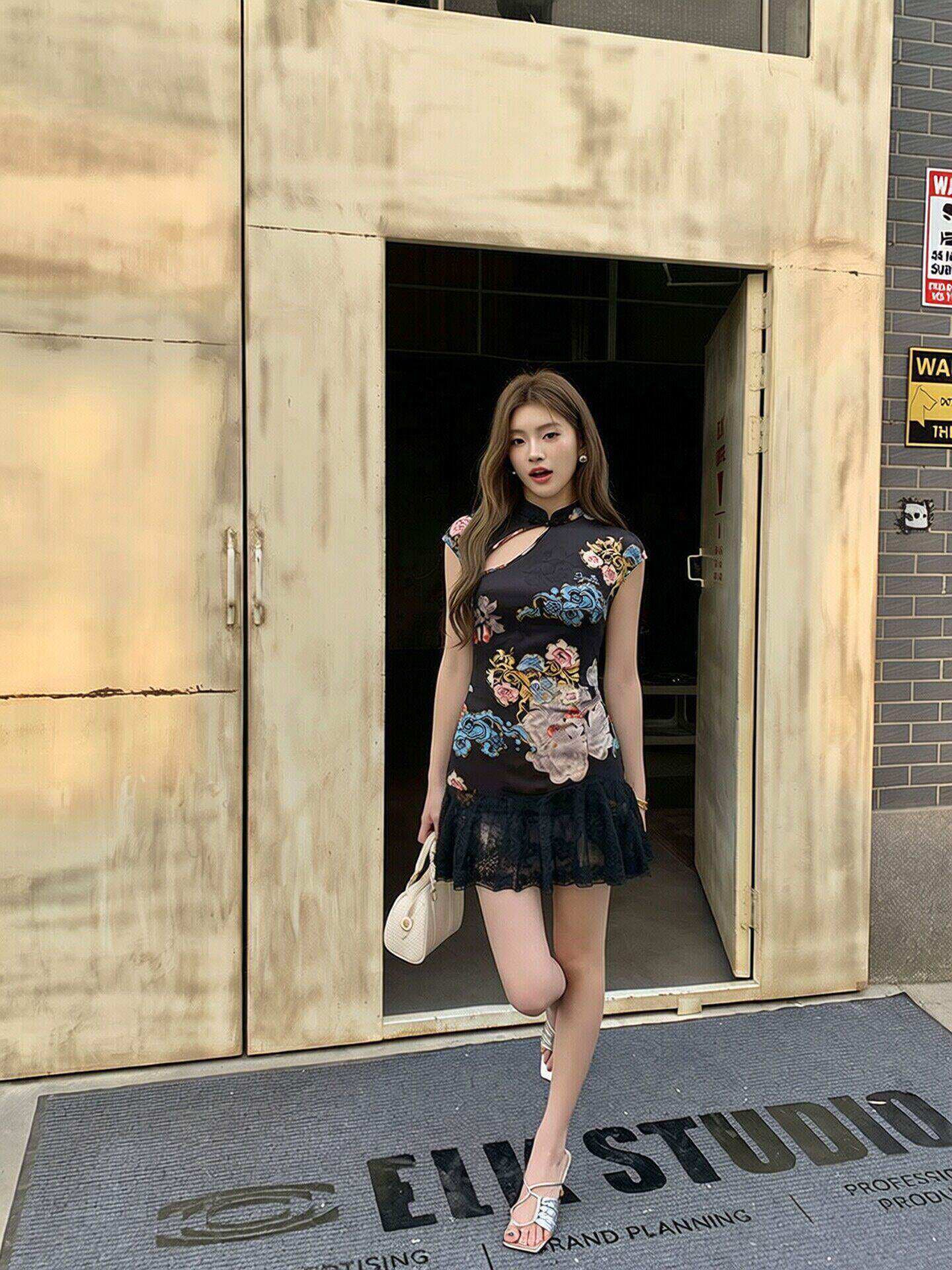 jyosei 캐릭터 공물 클래식 무거운 작업 새로운 중식 핫걸 치파오 레이스 치마 홀로우 아웃 스트랩 여성 드레스 이미지 3