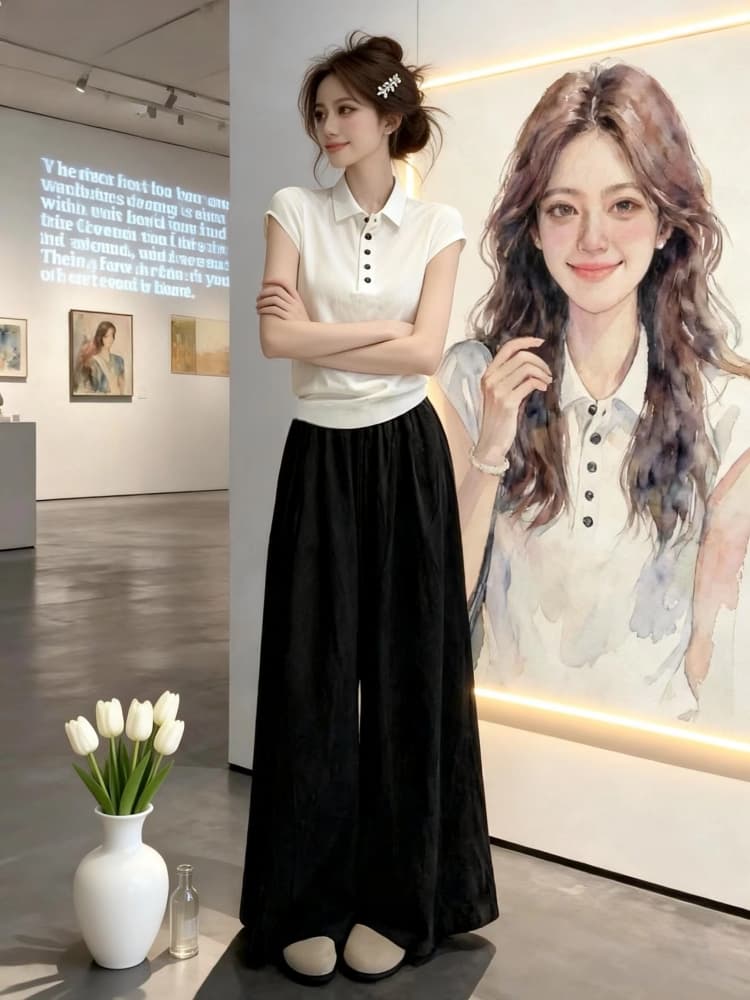 한 부서 착용 가져 가라. 세트 여성 여름 니트 스웨터 맨위 와이드 레그 팬츠 투피스 세트 느슨함 느긋한 바람 ootd 전체 집합 상세 이미지 2