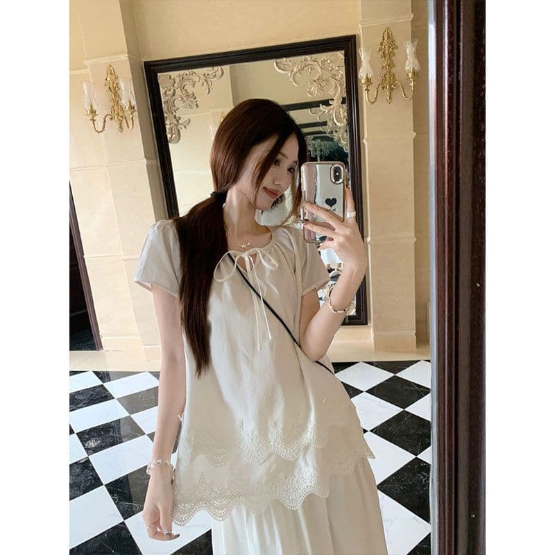 원단 원본 레이스 여름 프랑스식 달콤함 레이스 패치워크 화이트 반팔 셔츠 맨위 여성 이미지 4