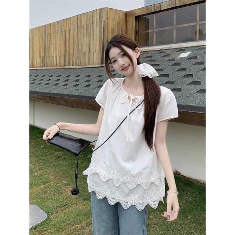 원단 원본 레이스 여름 프랑스식 달콤함 레이스 패치워크 화이트 반팔 셔츠 맨위 여성 상세 이미지 1