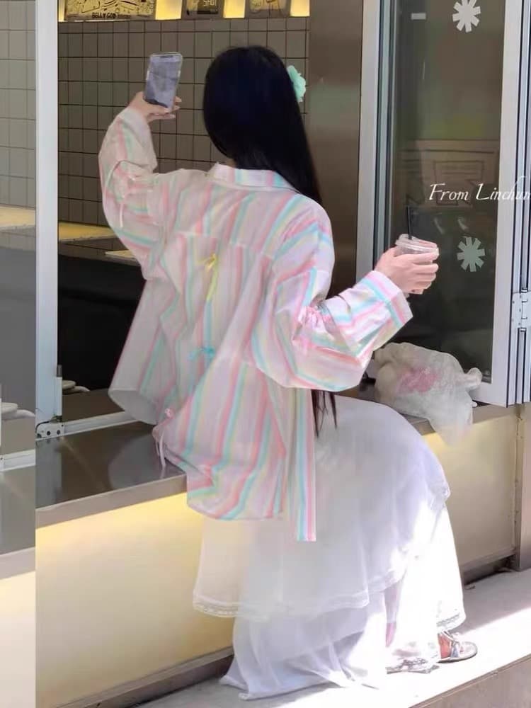 한 부서 도파민 무지개 스트라이프 자외선 차단 여성 셔츠 여름 긴팔 오픈 가디건 루즈핏 느긋한 캐주얼 달콤함 맨위 상세 이미지 3