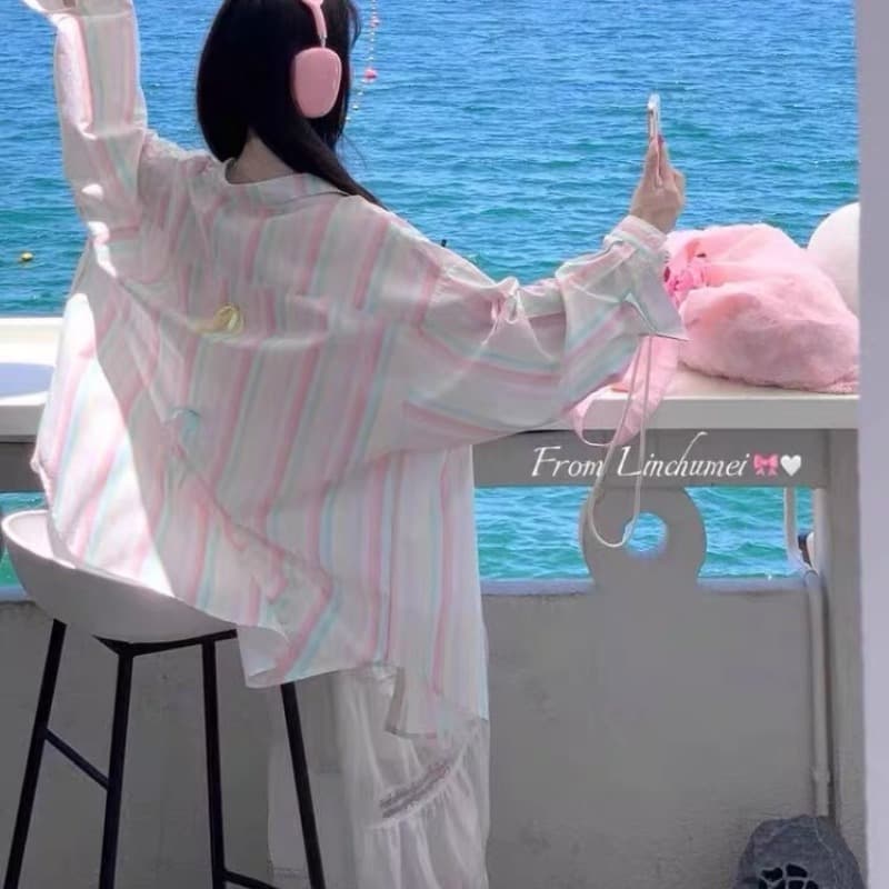 한 부서 도파민 무지개 스트라이프 자외선 차단 여성 셔츠 여름 긴팔 오픈 가디건 루즈핏 느긋한 캐주얼 달콤함 맨위 상세 이미지 5