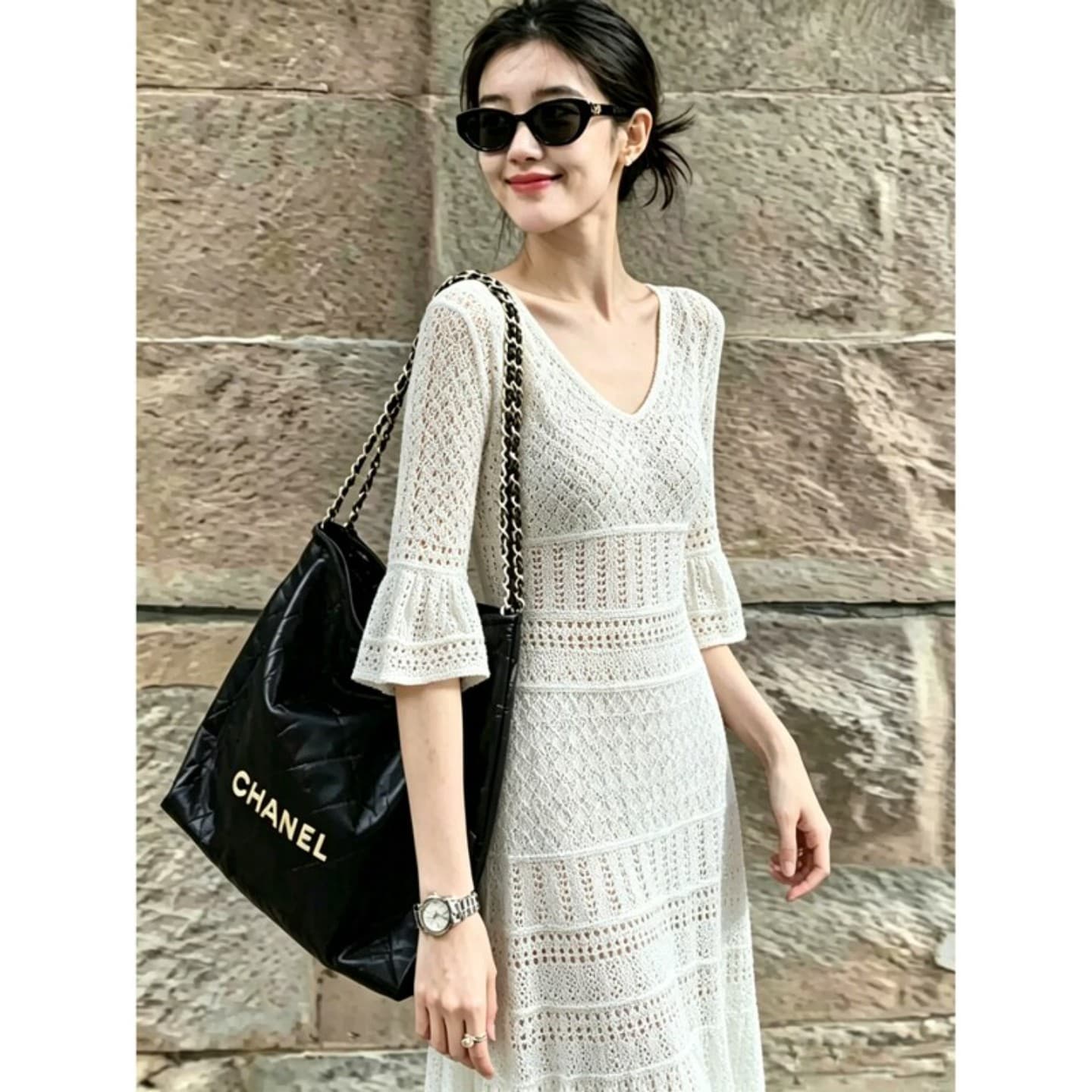 프랑스식 부드러운 바람 V넥 니트 여성 드레스 가을 겨울 새로운 레이스 홀로우 아웃 품격 길다 치마 빛 럭셔리 미니멀리즘 상세 이미지 4