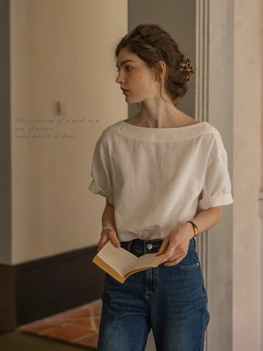 바람처럼 있음 편지 아마 라이 경기 서울 절묘한 캐주얼 보트 칼라 레이스업 맨위 전후 둘 착용 반팔 작은 셔츠 상세 이미지 1