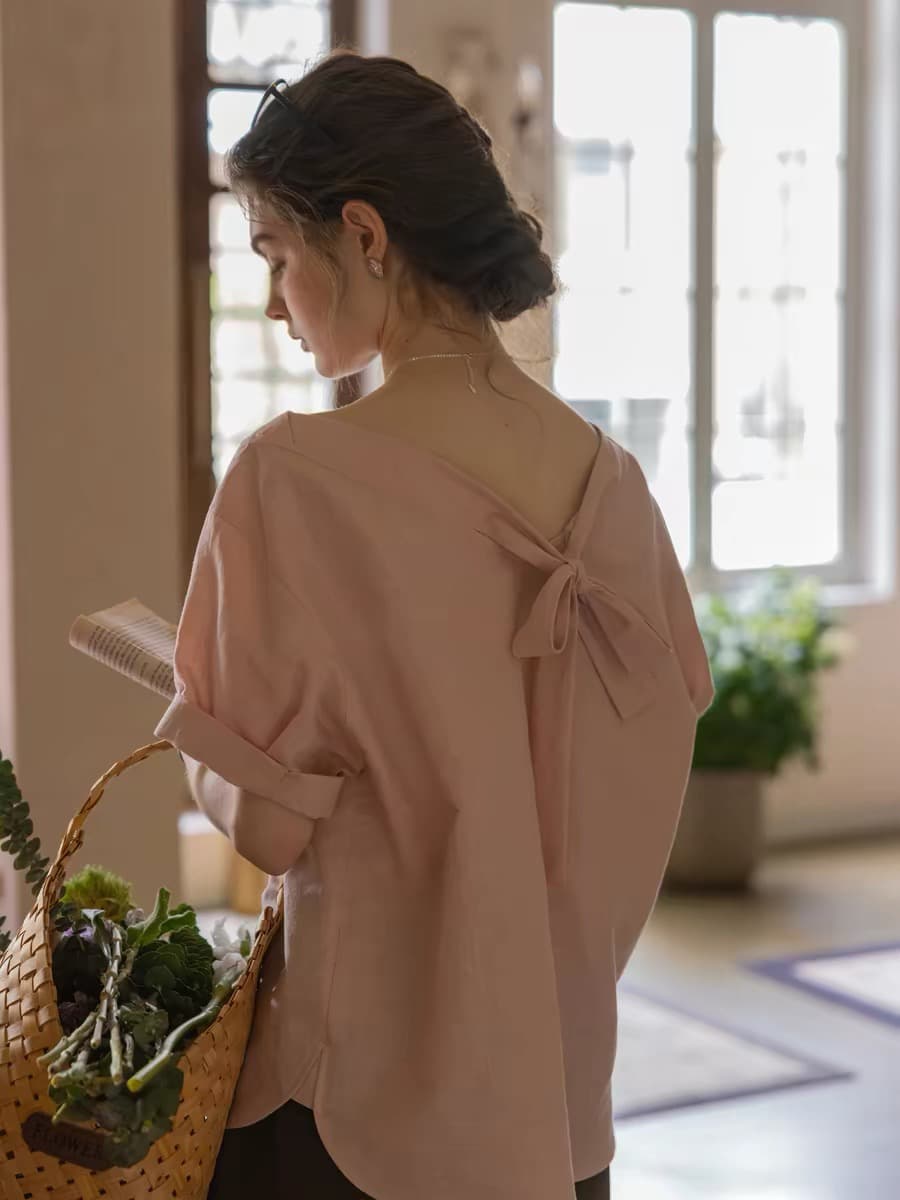 바람처럼 있음 편지 아마 라이 경기 서울 절묘한 캐주얼 보트 칼라 레이스업 맨위 전후 둘 착용 반팔 작은 셔츠 상세 이미지 2