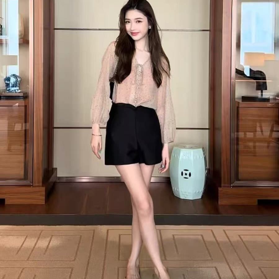 프랑스식 도트 무늬 레이스업 V넥 시폰 셔츠 여성 여름 새로운 고유 한 품격 루즈핏 슬림해 보이는 다용도 얇은 스타일 맨위 이미지 5