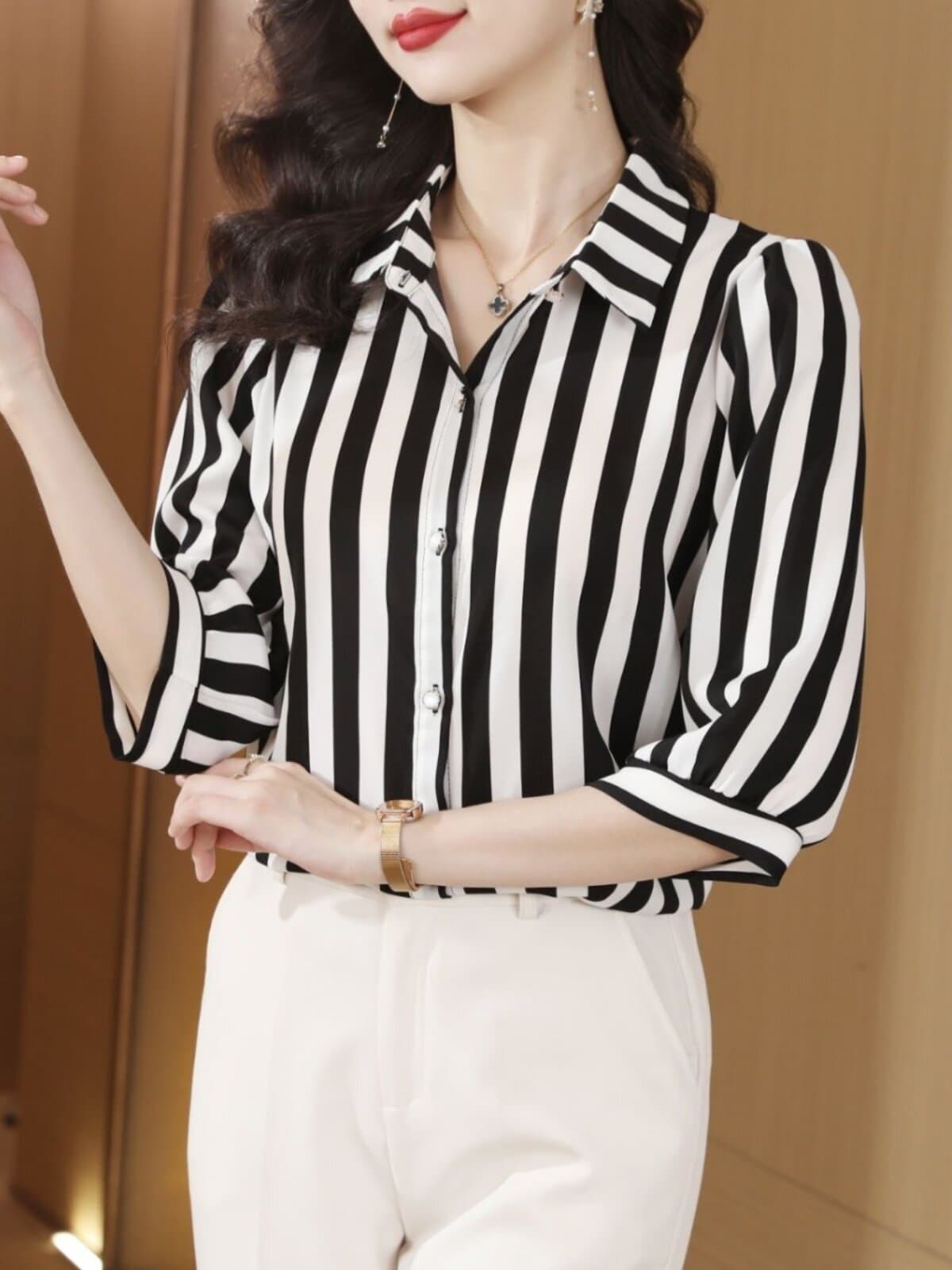 폴로 칼라 스트라이프 쉬폰 여성 셔츠 7부 소매 2025 봄 여름 얇은 스타일 품격 패션 경력 루즈핏 슬림해 보이는 셔츠 이미지 4