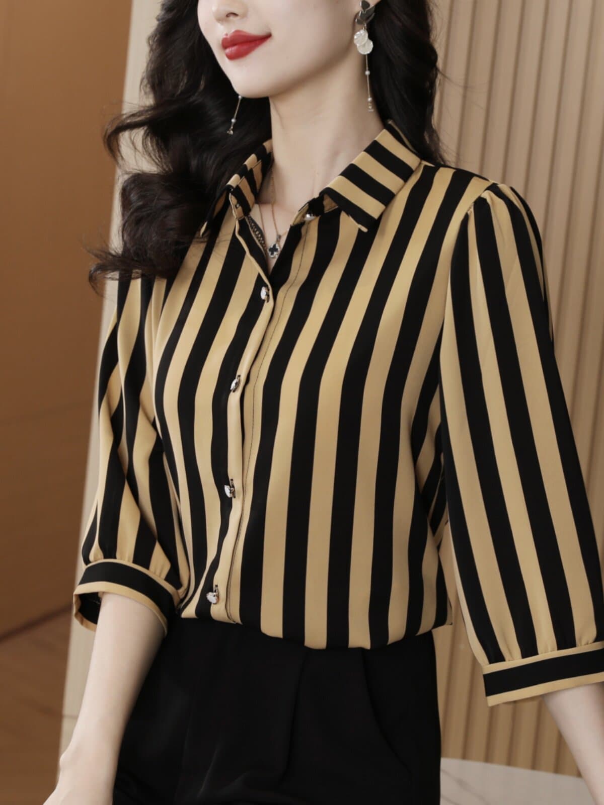 폴로 칼라 스트라이프 쉬폰 여성 셔츠 7부 소매 2025 봄 여름 얇은 스타일 품격 패션 경력 루즈핏 슬림해 보이는 셔츠 이미지 3