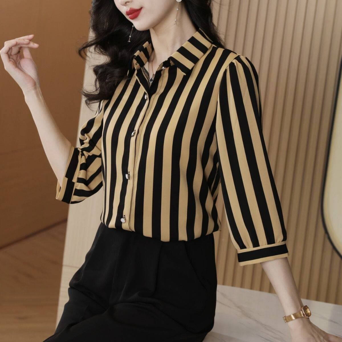 폴로 칼라 스트라이프 쉬폰 여성 셔츠 7부 소매 2025 봄 여름 얇은 스타일 품격 패션 경력 루즈핏 슬림해 보이는 셔츠 상세 이미지 4