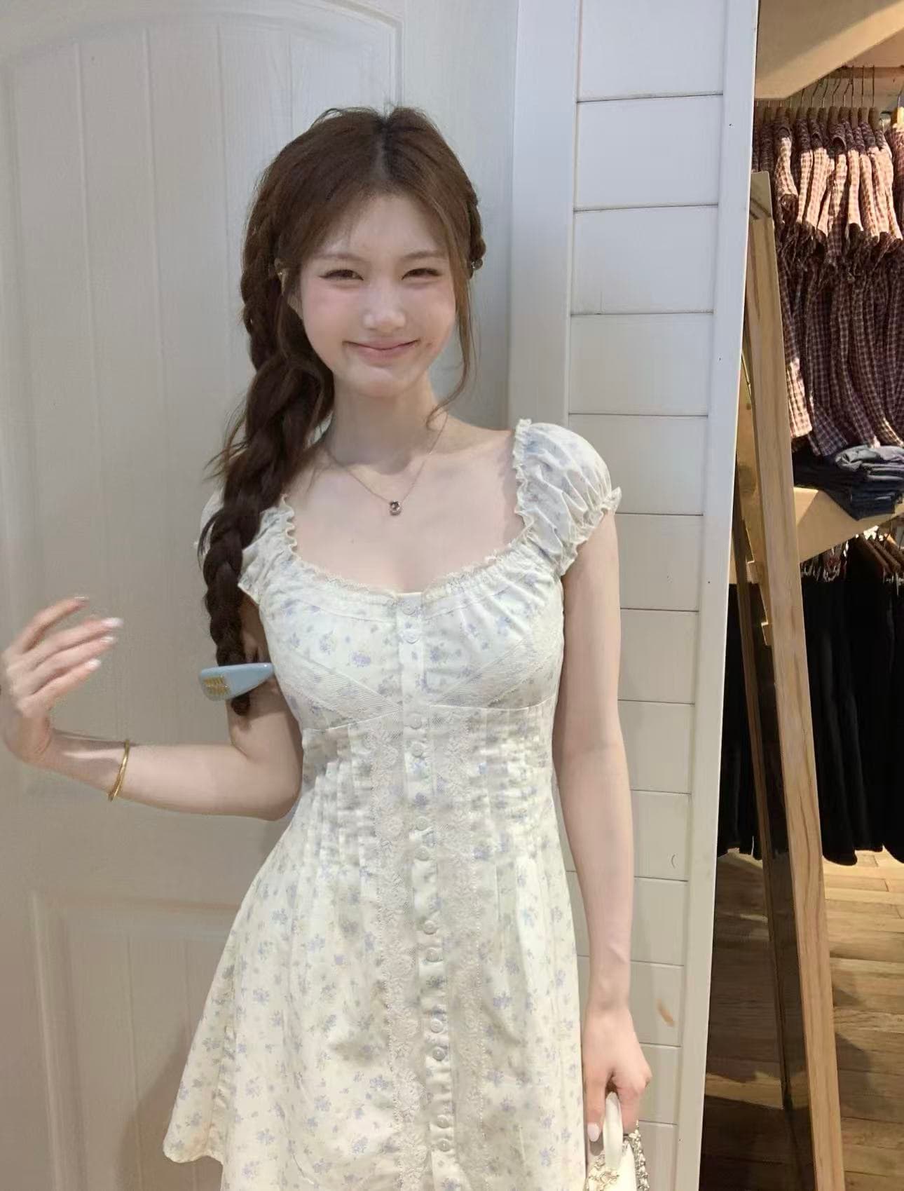 callmeear 화이트 티 첫사랑 레이스 조각 허리 수축 드레스 자카드 프릴 맨위 여름 상세 이미지 7
