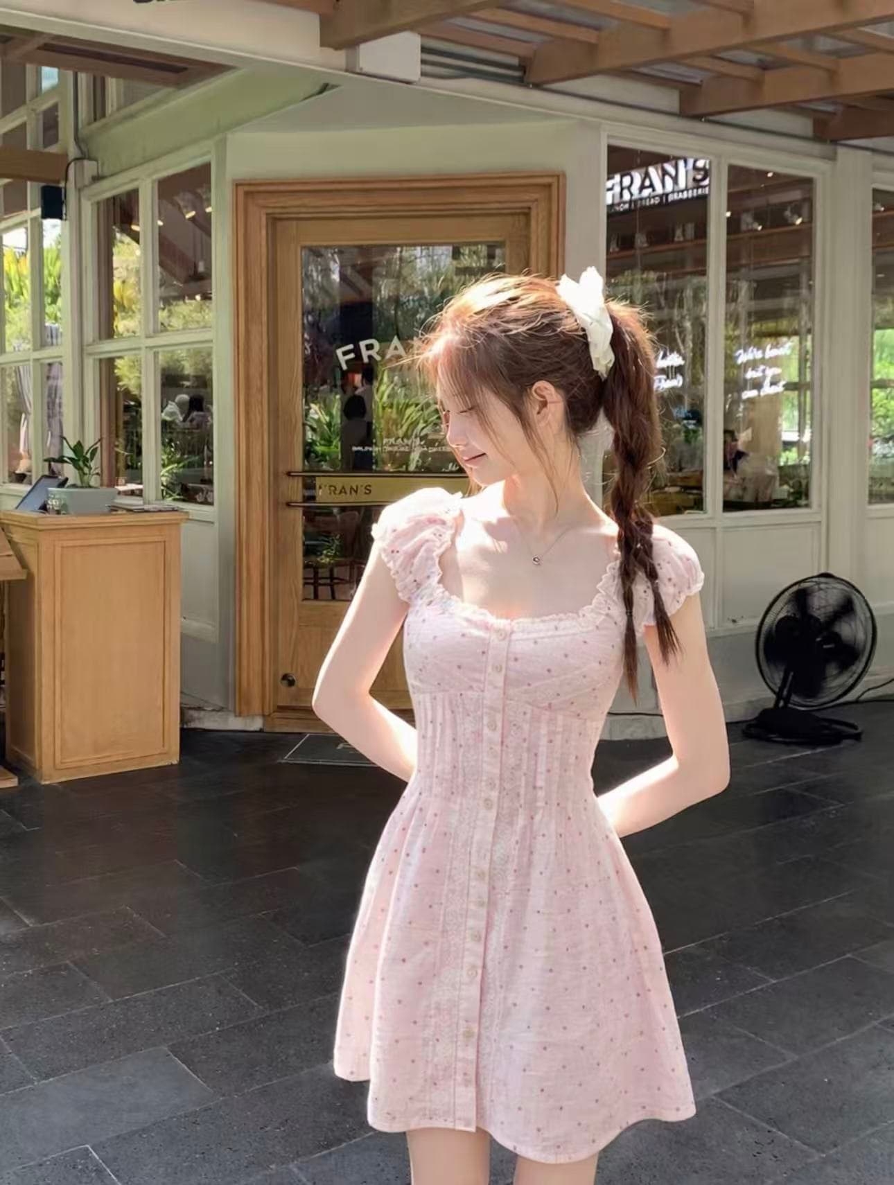 callmeear 화이트 티 첫사랑 레이스 조각 허리 수축 드레스 자카드 프릴 맨위 여름 상세 이미지 11