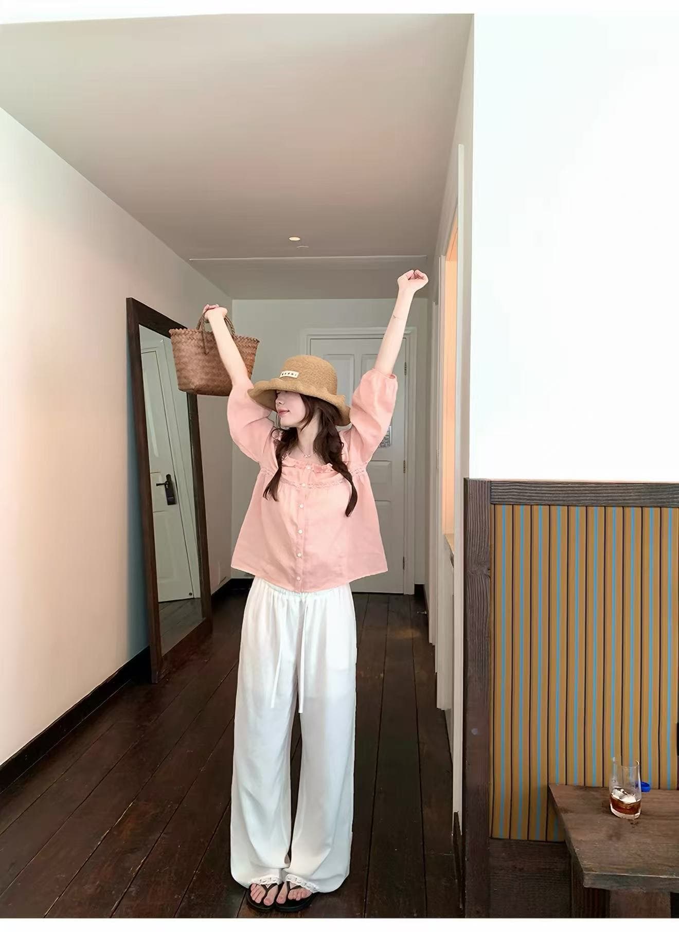 ptonumi 여름 펄럭 거리다 라미 목이버섯 레이스 V넥 7부 소매 여성 셔츠 여름 호수 녹색 색상 맨위 다용도 상세 이미지 42