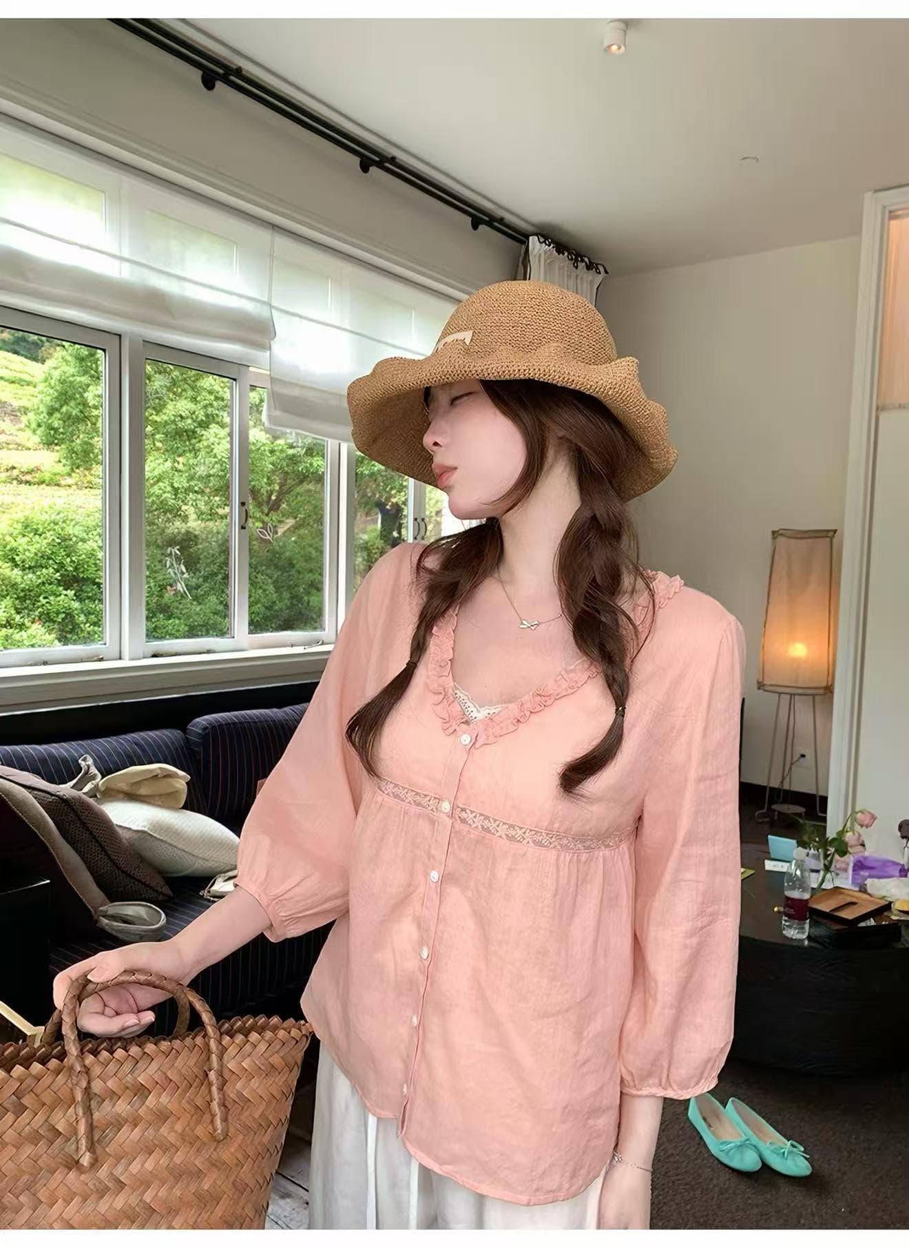 ptonumi 여름 펄럭 거리다 라미 목이버섯 레이스 V넥 7부 소매 여성 셔츠 여름 호수 녹색 색상 맨위 다용도 상세 이미지 43
