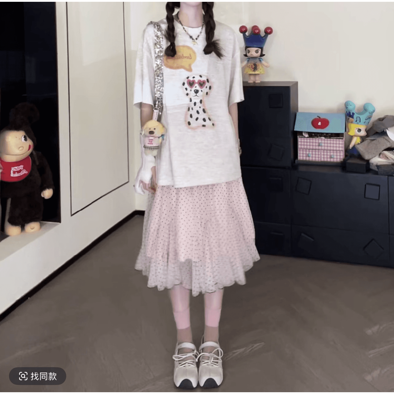 여름 새로운 패션 다용도 스팟 선글라스 강아지 프린트 티셔츠 핑크색 도트 무늬 망사 치마 투피스 슈트 여성 이미지 5