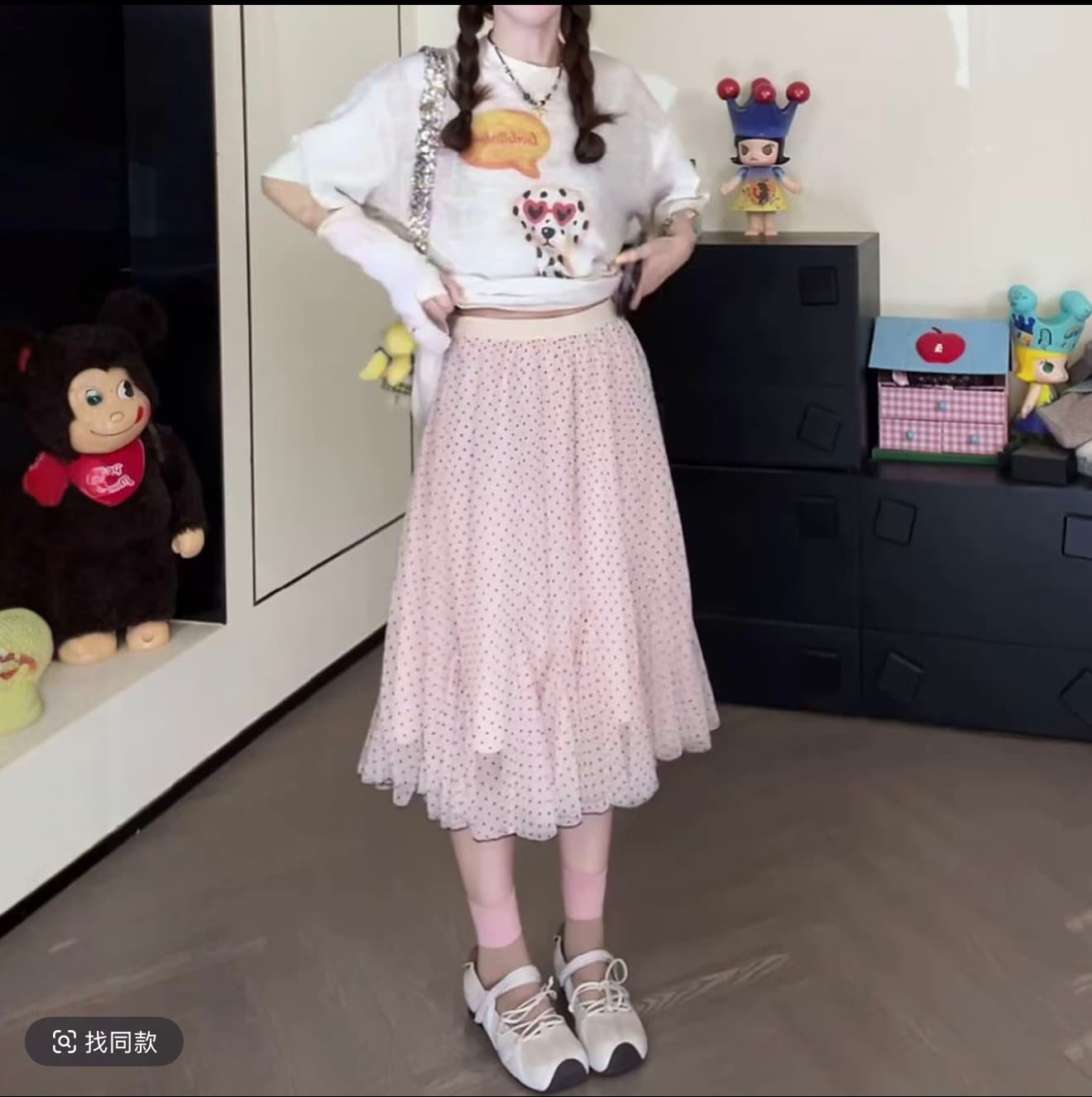 여름 새로운 패션 다용도 스팟 선글라스 강아지 프린트 티셔츠 핑크색 도트 무늬 망사 치마 투피스 슈트 여성 이미지 4