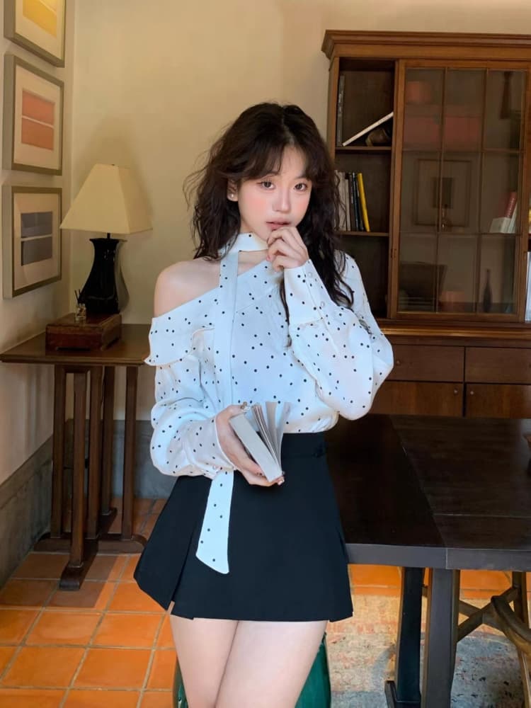 예술 건강 프랑스식 도트 무늬 프릴 보트넥 비스듬한 어깨 의류 여성 레트로 리본 긴팔 셔츠 여름