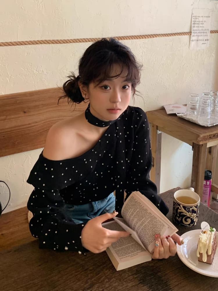 예술 건강 프랑스식 도트 무늬 프릴 보트넥 비스듬한 어깨 의류 여성 레트로 리본 긴팔 셔츠 여름 이미지 2