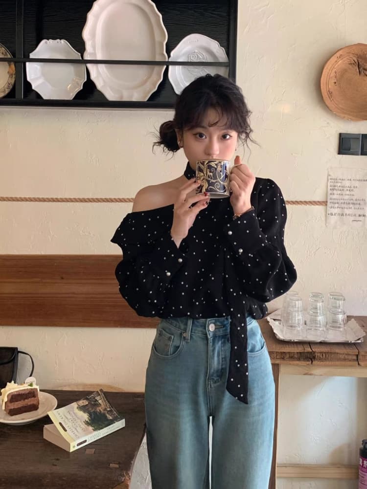 예술 건강 프랑스식 도트 무늬 프릴 보트넥 비스듬한 어깨 의류 여성 레트로 리본 긴팔 셔츠 여름 이미지 3