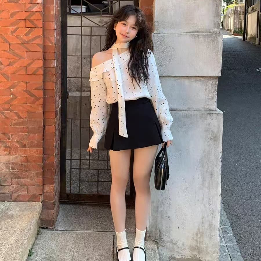 예술 건강 프랑스식 도트 무늬 프릴 보트넥 비스듬한 어깨 의류 여성 레트로 리본 긴팔 셔츠 여름 이미지 5