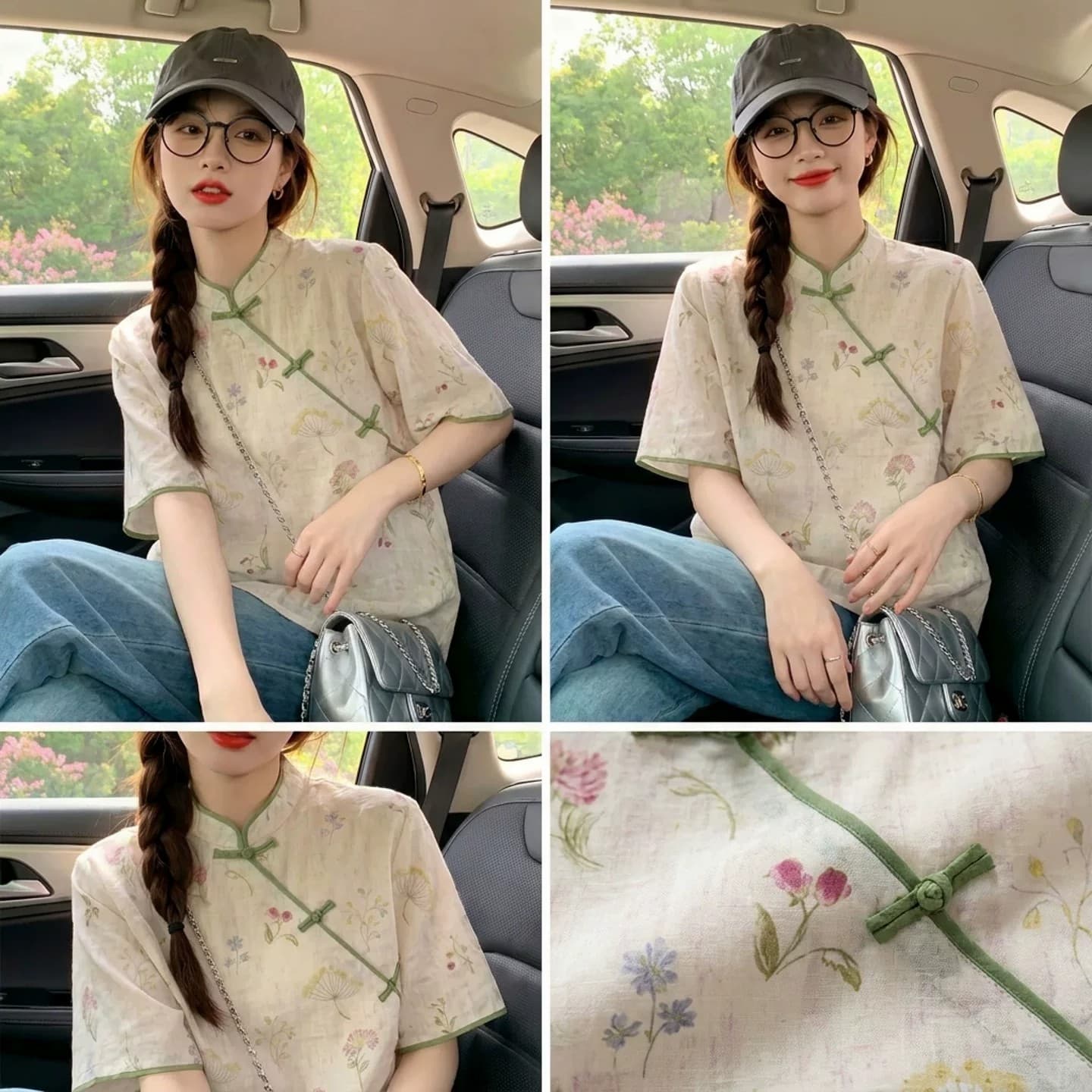 새로운 중식 맨위 쌀 살구 색상 면 린넨 꽃무늬 여성 셔츠 여름 디자인 센스 비스듬한 襟 단추 개선 당나라 작은 셔츠 상세 이미지 3