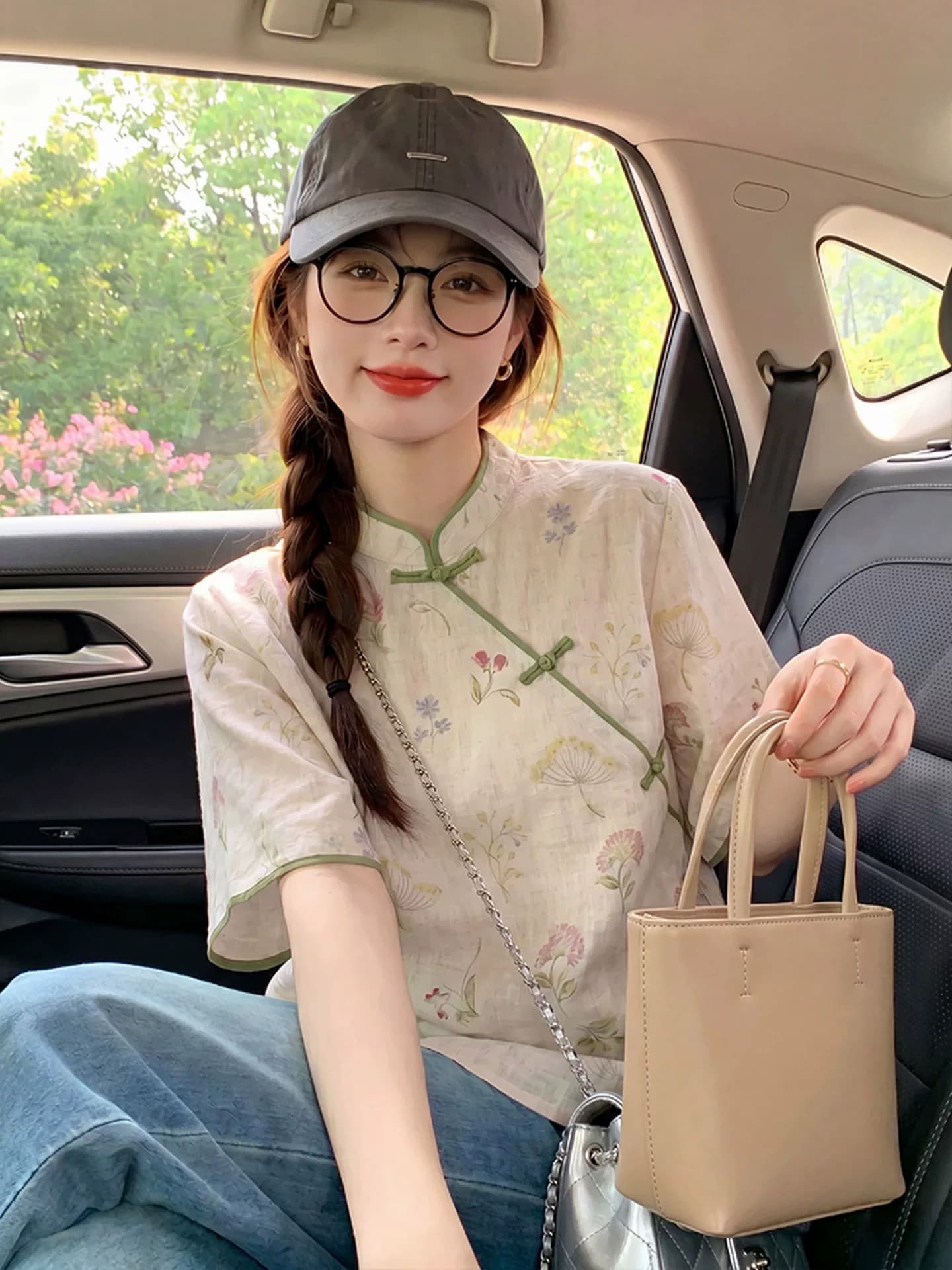 새로운 중식 맨위 쌀 살구 색상 면 린넨 꽃무늬 여성 셔츠 여름 디자인 센스 비스듬한 襟 단추 개선 당나라 작은 셔츠 상세 이미지 6