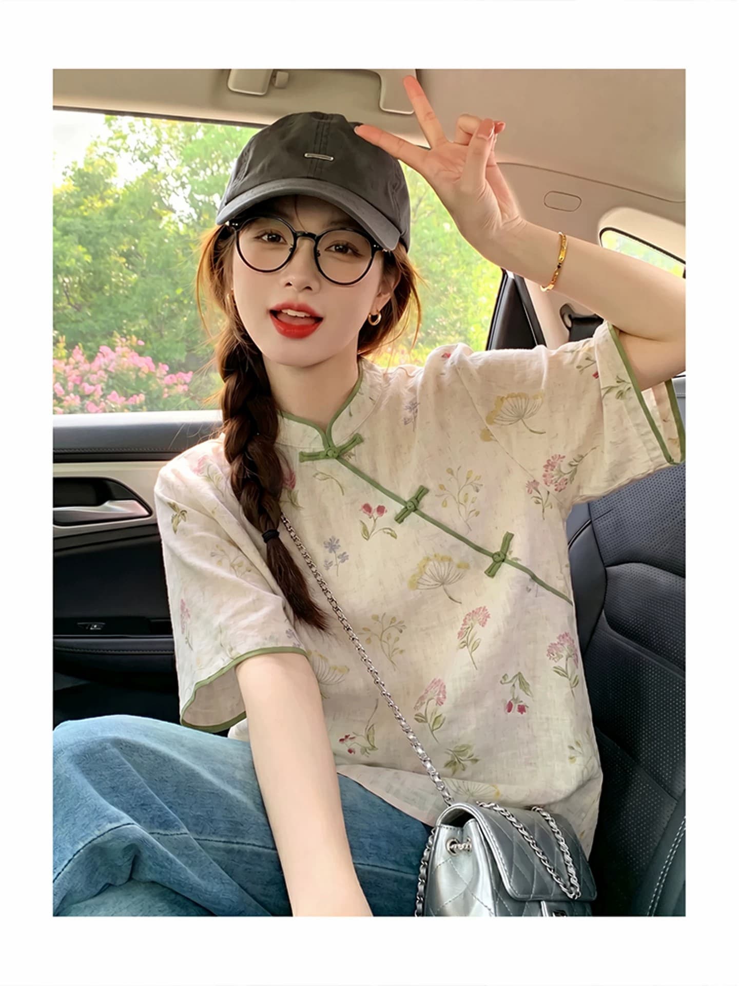 새로운 중식 맨위 쌀 살구 색상 면 린넨 꽃무늬 여성 셔츠 여름 디자인 센스 비스듬한 襟 단추 개선 당나라 작은 셔츠 상세 이미지 16