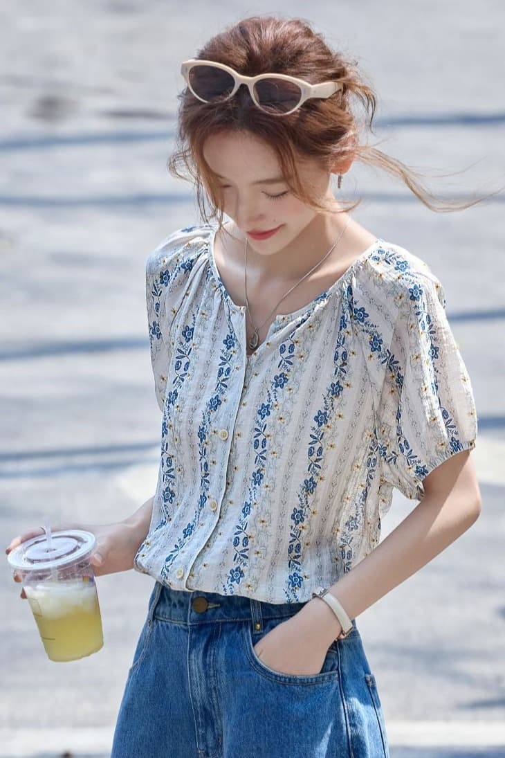 여름 프라임 마 블루 라임 프랑스식 느긋한 꽃무늬 자수 루즈핏 삽입 어깨 소매 꽃무늬 맨위 여성 셔츠 상세 이미지 6
