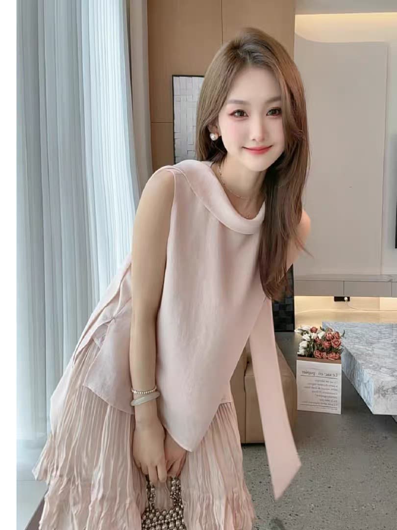 shaweleven 디자이너 높음 세트 고급 센스 알몸의 분말 라운드 넥 민소매 맨위 프릴 반신 스커트 상세 이미지 6