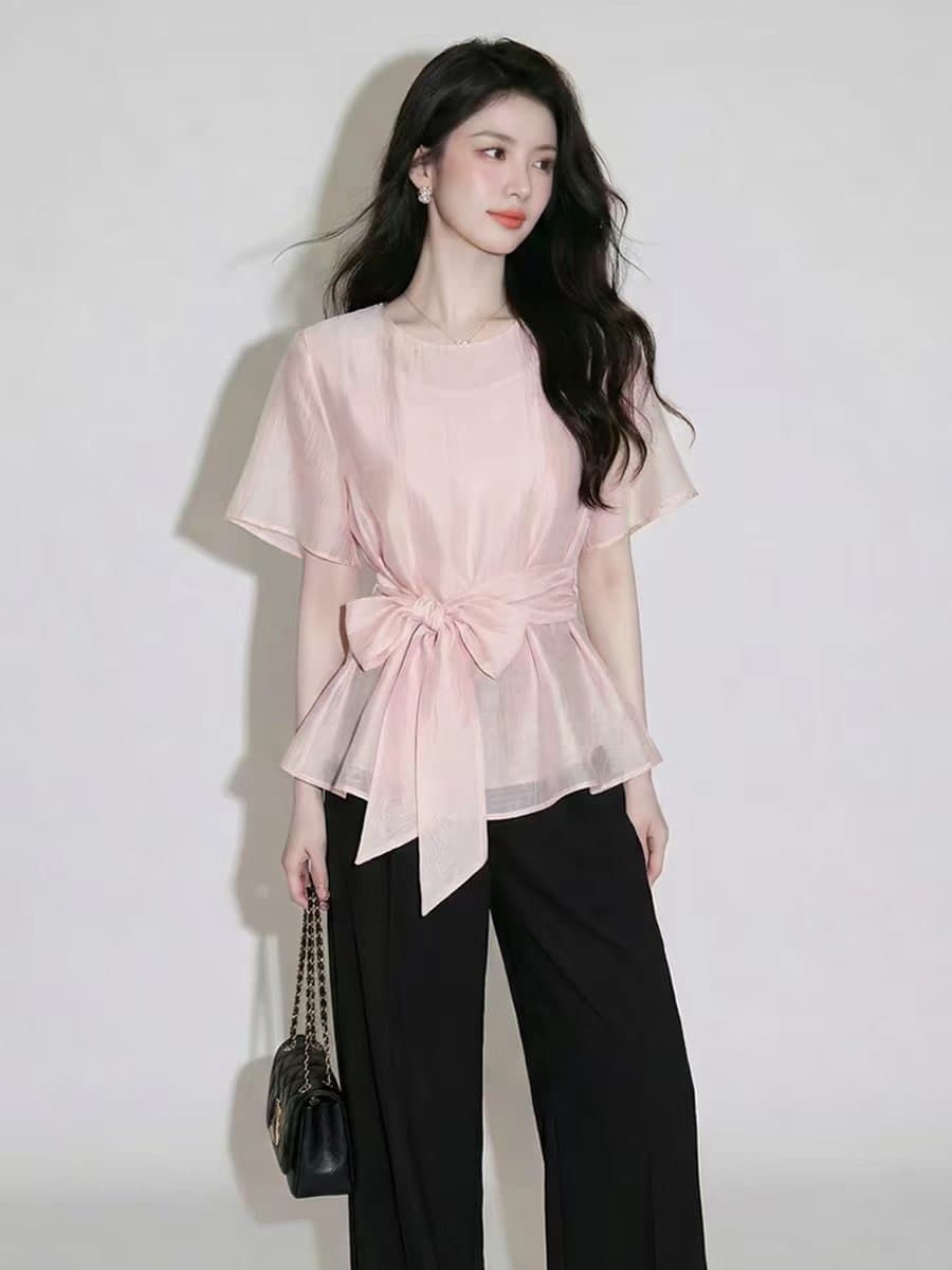 핑크색 쉬폰 여성 셔츠 고급 센스 빛 럭셔리 연령 감소 외국 가스 프랑스식 사소한 아름다운 아름다운 허리 수축 맨위 여름 상세 이미지 3
