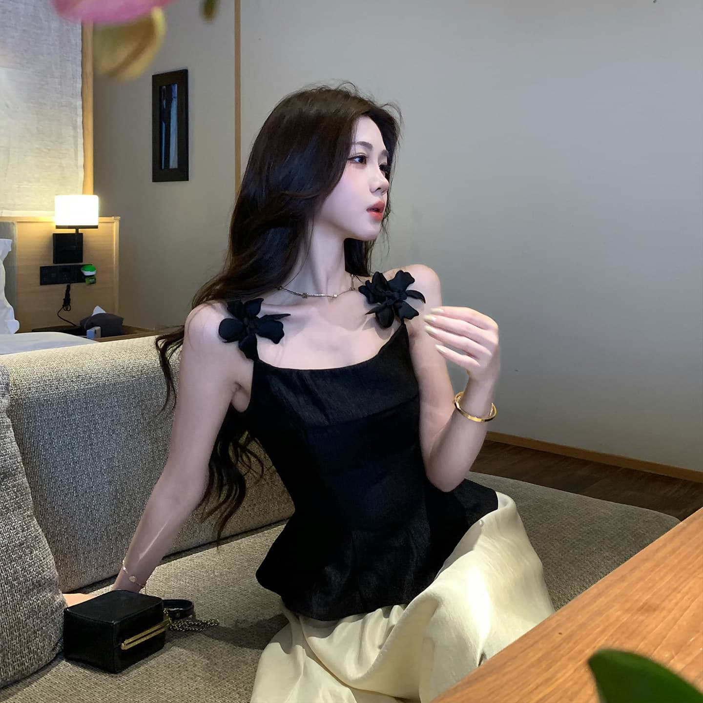 무쯔리 목자이 ~ 중 리 빛 럭셔리 디자인 센스 작은 대중 꽃 슬립 허리 수축 맨위 여성 도루 센스 새틴 반신 치마 세트 이미지 4