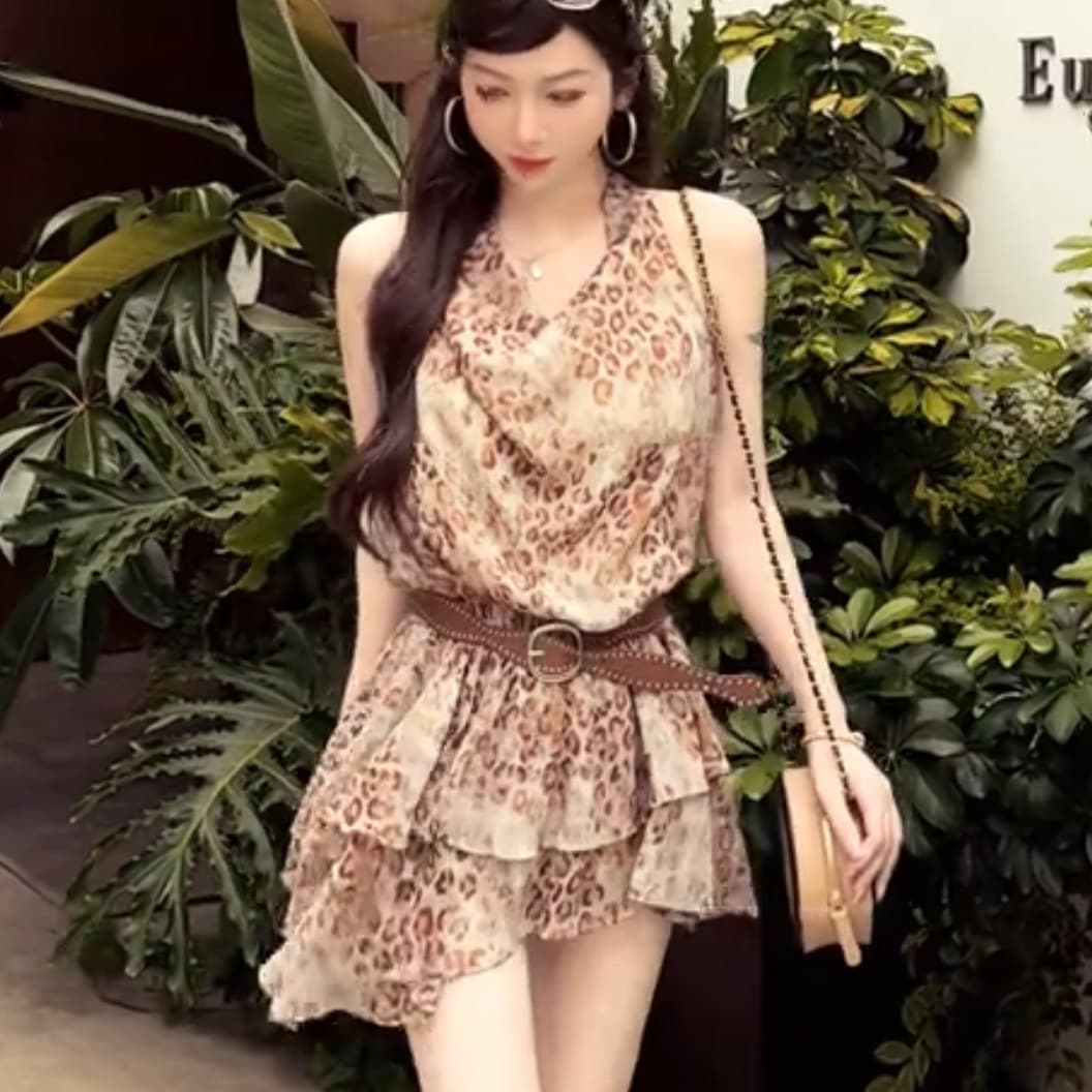 핫걸 레트로 흔들다 칼라 민소매 쉬폰 레오파드 무늬 여성 드레스 여름 새로운 허리 수축 슬림해 보이는 불규칙 미니 스커트 상세 이미지 5