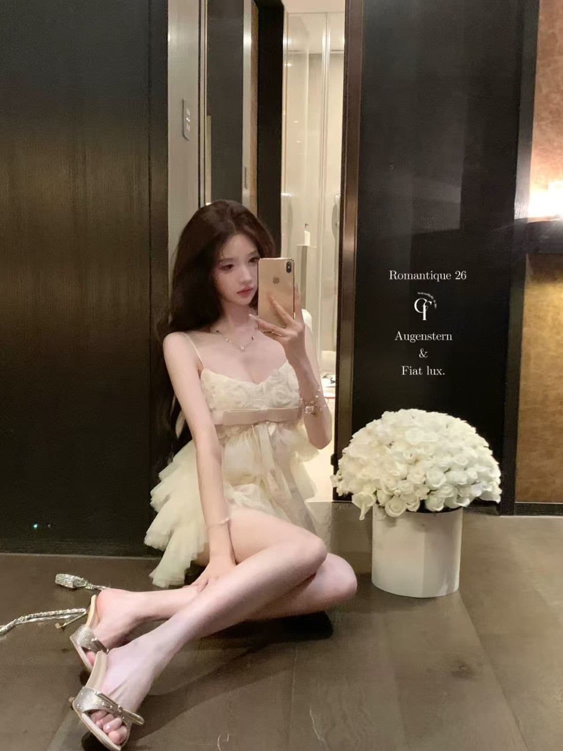늦게 우산 우산 26 ss 계속 걷다. 샹젤리제 수공 장미 나비 매듭 슬립 케이크 드레스 품격 미니 스커트 상세 이미지 2