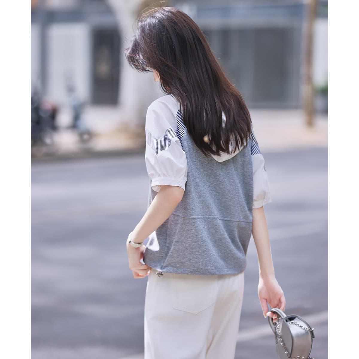 면 소재 패션 캐주얼 배색 스트라이프 패치워크 작은 셔츠 티셔츠 여름 통기성 후드 여성 셔츠 이미지 5
