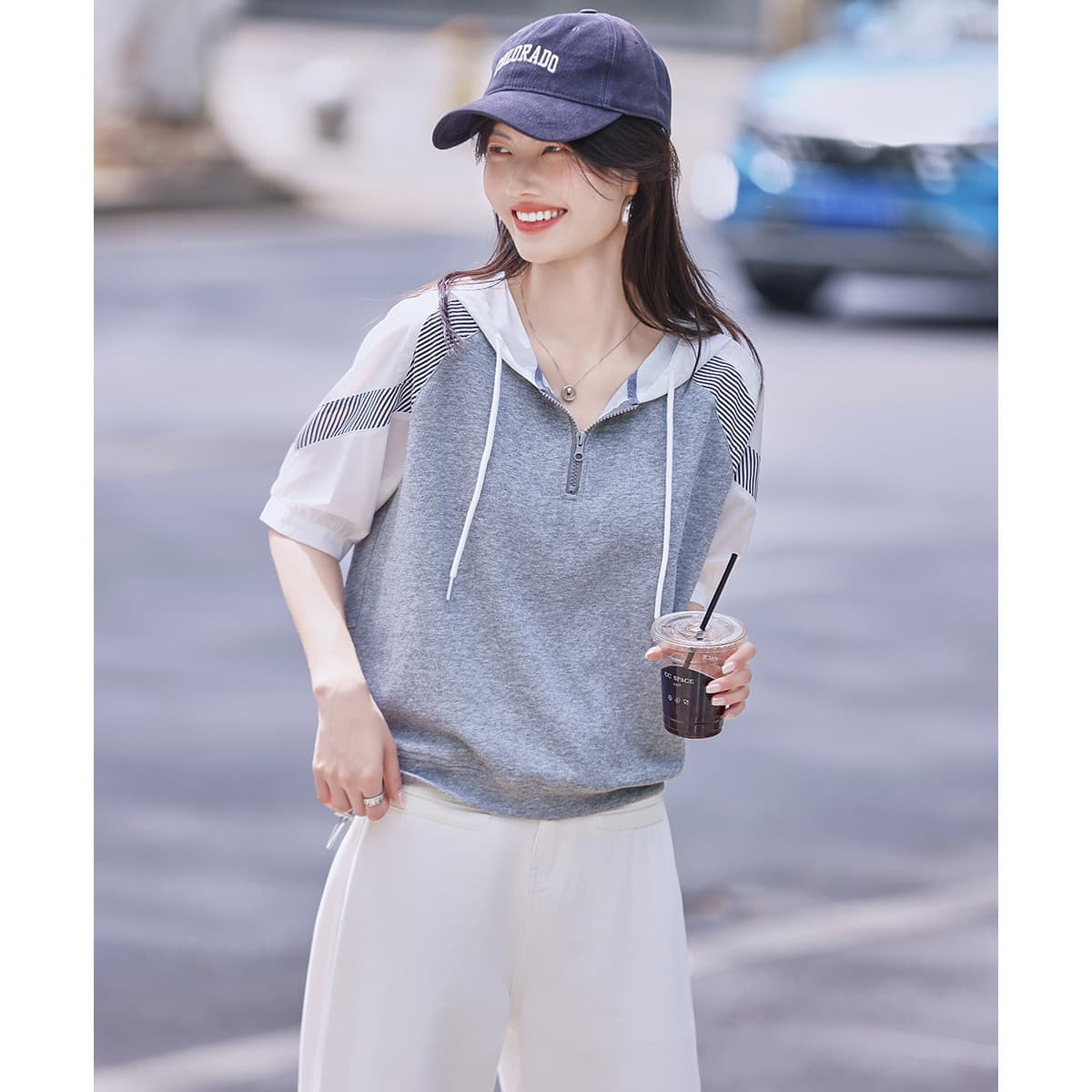 면 소재 패션 캐주얼 배색 스트라이프 패치워크 작은 셔츠 티셔츠 여름 통기성 후드 여성 셔츠 상세 이미지 1