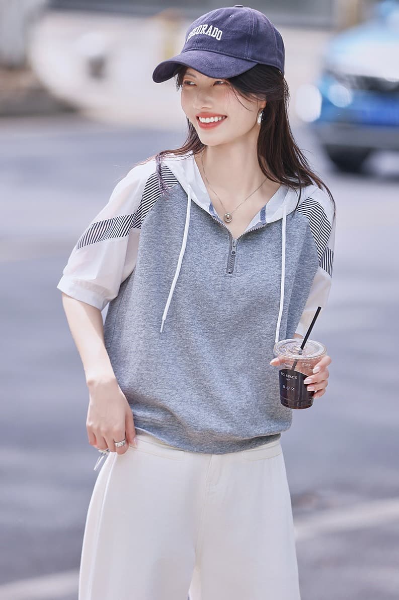 면 소재 패션 캐주얼 배색 스트라이프 패치워크 작은 셔츠 티셔츠 여름 통기성 후드 여성 셔츠 상세 이미지 6