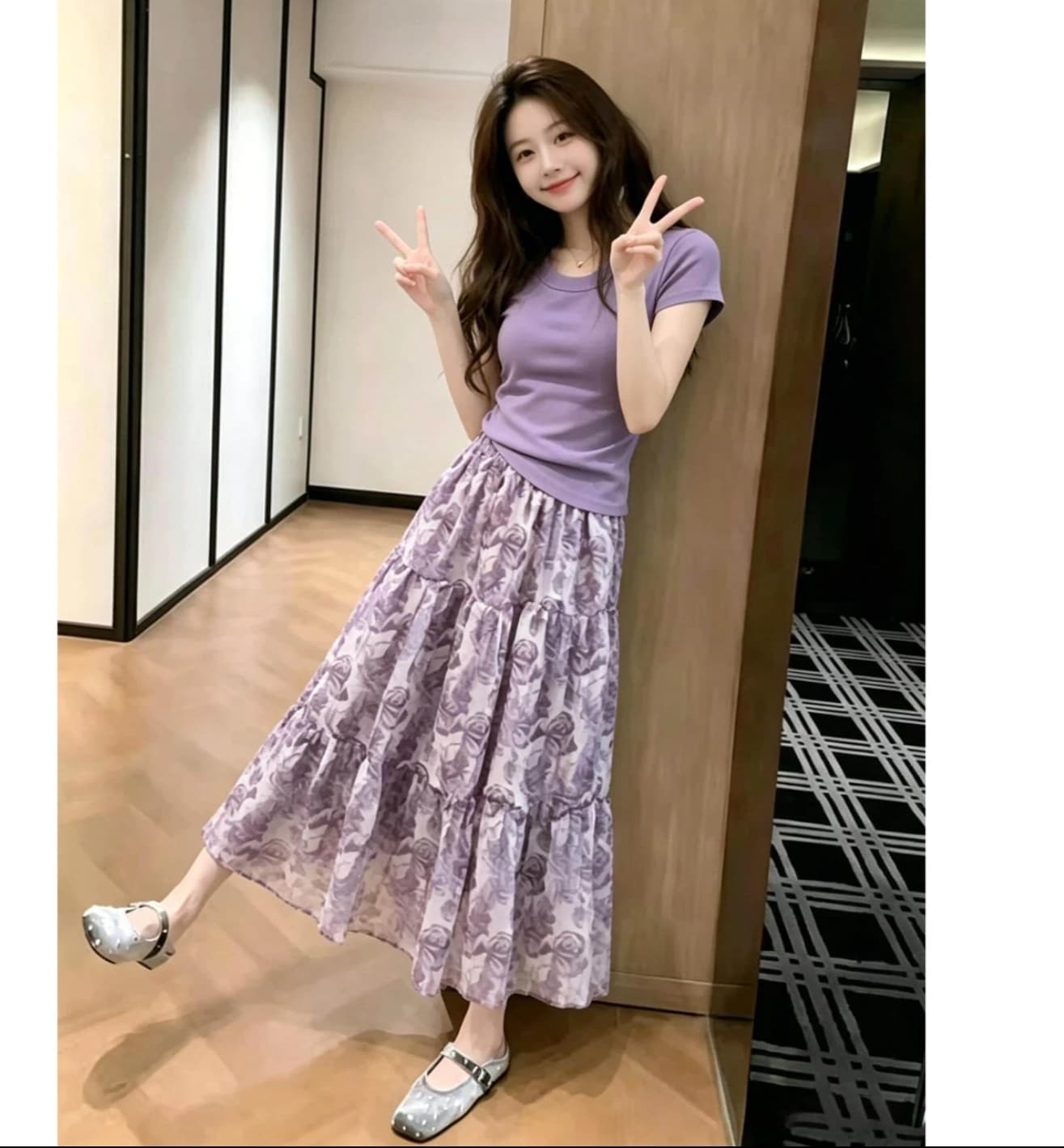 여름 폭발 고급 센스 외국 가스 라운드 넥 반팔 맨위 여성 빛 럭셔리 품격 연령 감소 꽃무늬 반신 스커트 투피스 세트 상세 이미지 5