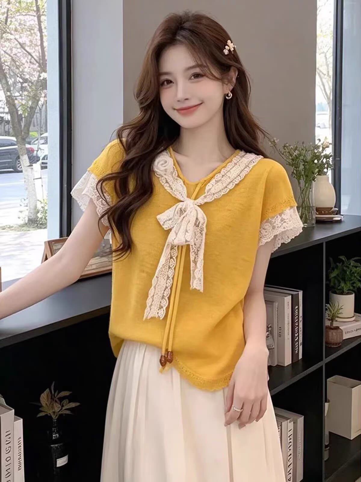 도파민 바람 세트 여성 여름 한 부서 품격 슬림해 보이는 자이언트 잘 생긴 쇼트 스타일 레이스 조각 V넥 반팔 맨위 상세 이미지 6