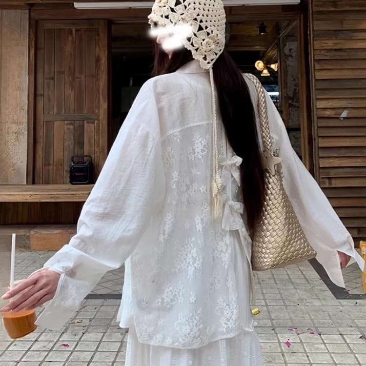 느긋한 느슨함 센스 망사 레이스 측면 패치워크 자외선 차단 여성 셔츠 여름 디자인 센스 슈퍼 잘 생긴 셔츠 재킷 이미지 3
