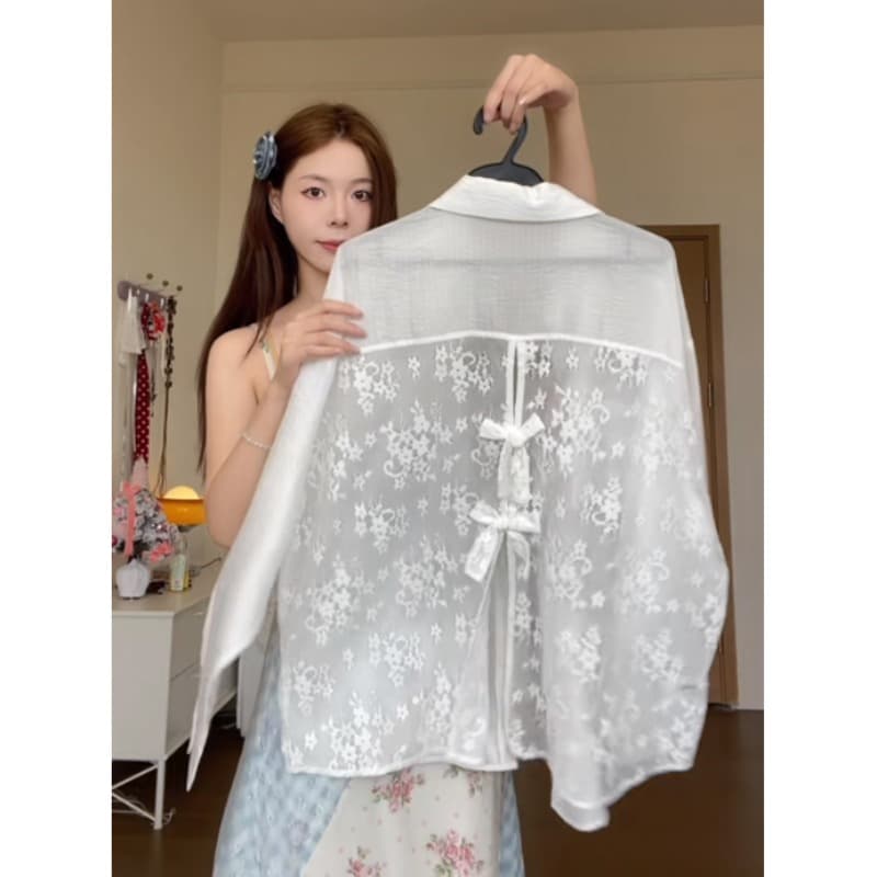느긋한 느슨함 센스 망사 레이스 측면 패치워크 자외선 차단 여성 셔츠 여름 디자인 센스 슈퍼 잘 생긴 셔츠 재킷 상세 이미지 1