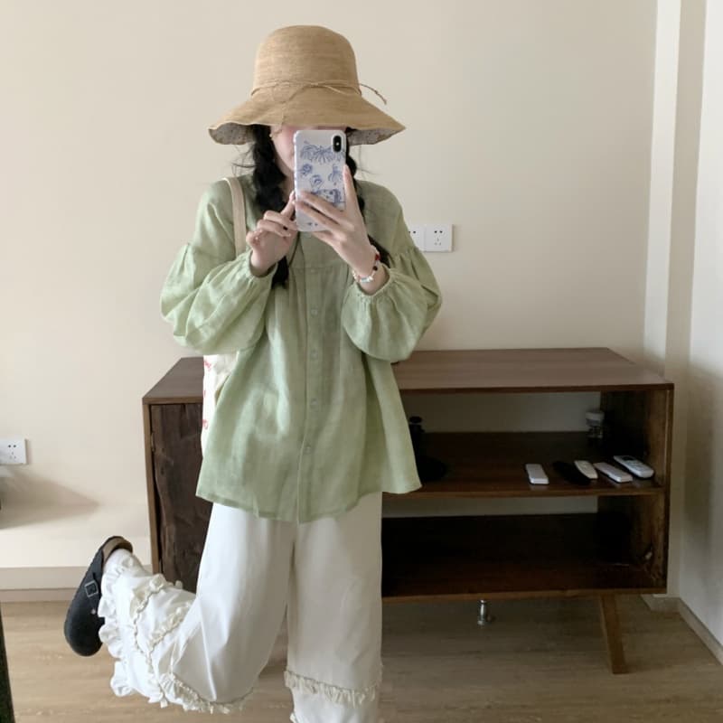 yoursjin 이른 봄 녹색 라미 주간 실크 인형 셔츠 셔츠 루즈핏 얇고 가벼운 통기성 디스플레이 화이트 이미지 5
