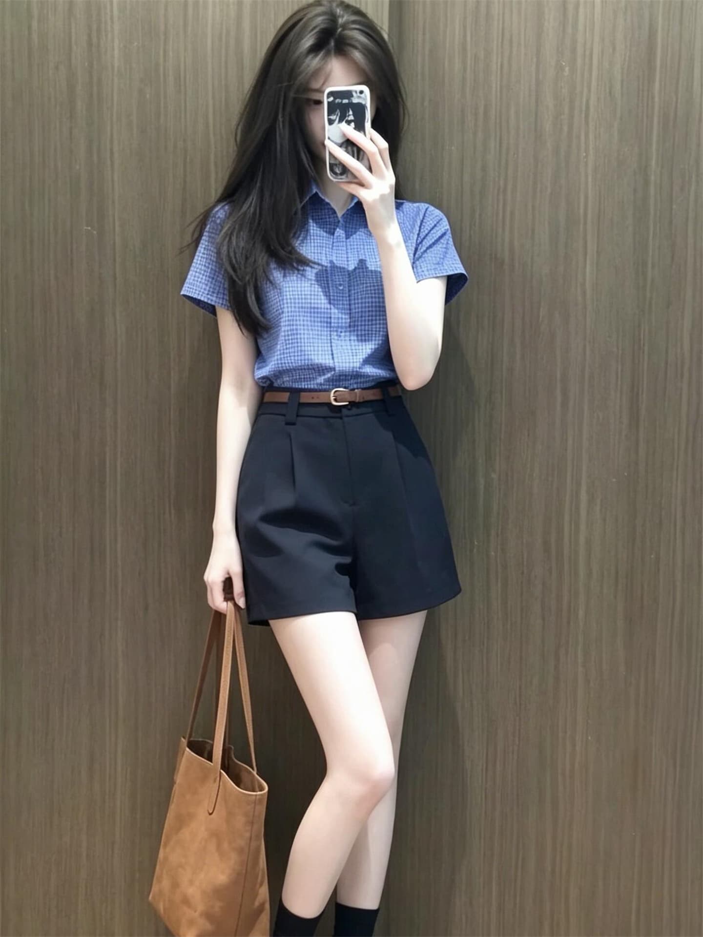 자이언트 잘 생긴 ootd 착용 가져 가라. 전체 집합 2026 새로운 폭발 파란색 반팔 여성 셔츠 여름 반바지 투피스 슈트 상세 이미지 6