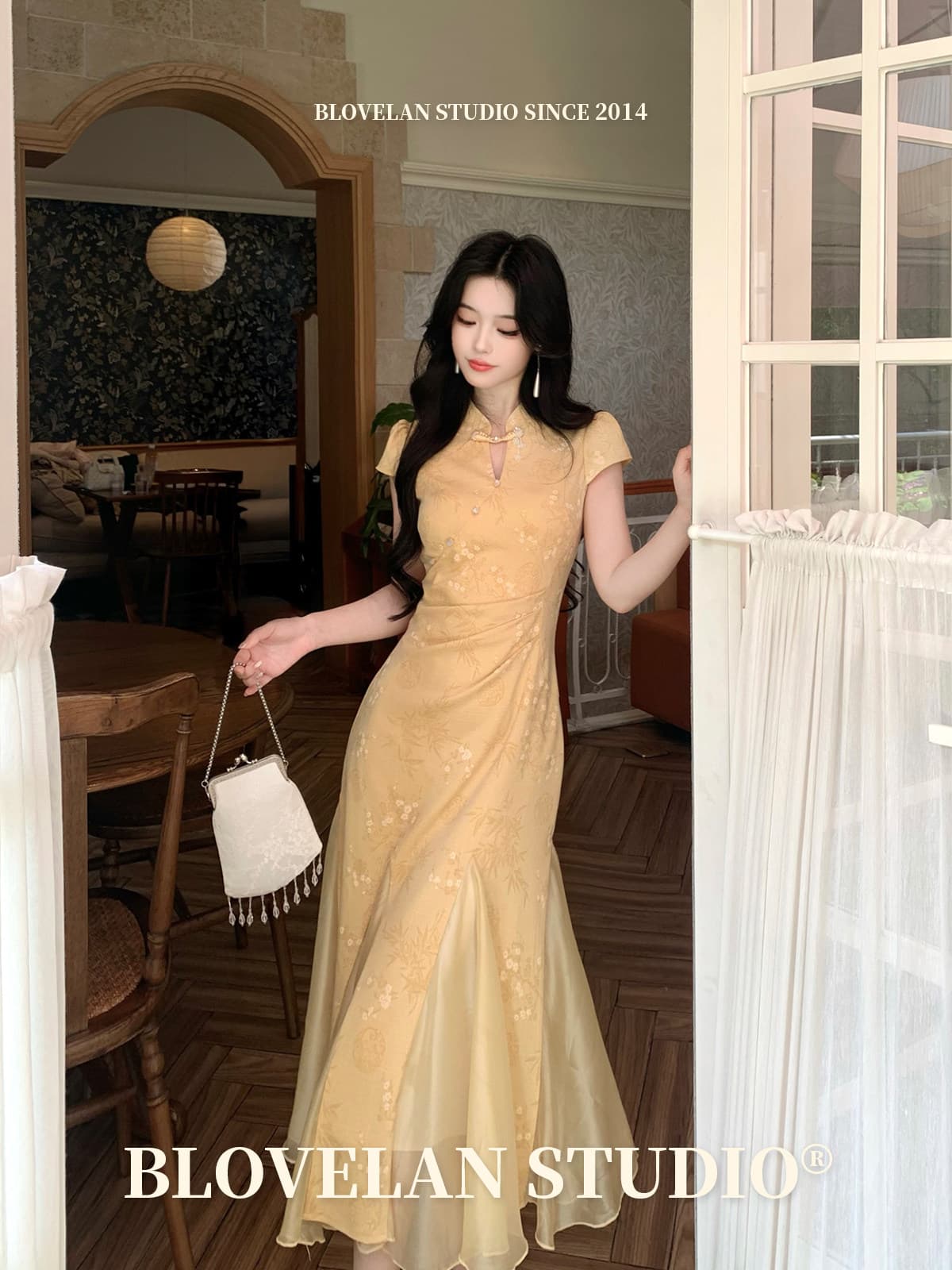 blovelan 옥 스파이크 골드 란 새로운 중식 황색 인어 꼬리 개선 참여 치파오 원 웨이 품격 드레스